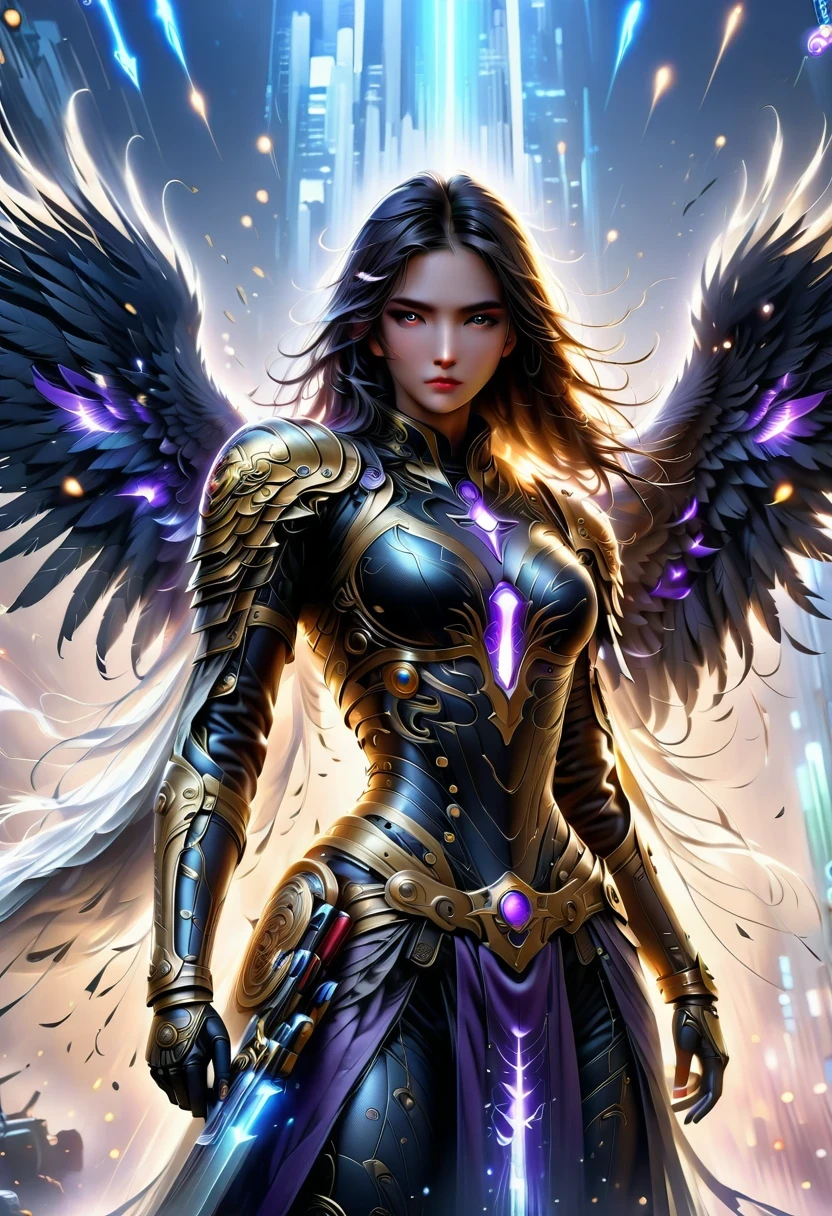 Eagle Falcon Warrior,Eagle head mask,eagle eye,Eagle's Beak, An eagle warrior with an eagle falcon face and wings stands in front of the city of darkness,Close-up of falcon,Huge wings glittering, Beautiful and elegant Falcon King,((best quality)), ((masterpiece)), (high detail:1.3), 3d, Machine gun in hand,(cyberpunk characters:1.2) special operations, ,(armed:1.1), Bulletproof vest, raincoat, number (camouflage: 1.3), high dynamic range(high dynamic range), Ray tracing, NVIDIA RTX, ultra high resolution, Unreal 5, subsurface scattering, PBR texture, Post-processing, Anisotropic filtering, depth of field, Maximum clarity and sharpness for any layer texture、Albedo and reflection maps、surface coloring、Accurately simulate the interaction of light with materials、ideal proportions、Render by Octane、Dual color lighting、Large aperture、Low ISO、white balance、rule of thirds、8K raw data、Effective subpixel、sub-pixel convolution、 epic fantasy art, and Mumford Tom Bagshaw., Ominous fantasy illustration, diablo number concept art, Lei Zhenzi is on the dedication list, The head is a falcon, Purple skin under the armor, Thunder Demon, epic fantasy art style, Purple skin under the armor, Detailed number 2D fantasy art, epic fantasy art style HD, 8K fantasy art, King of Birds