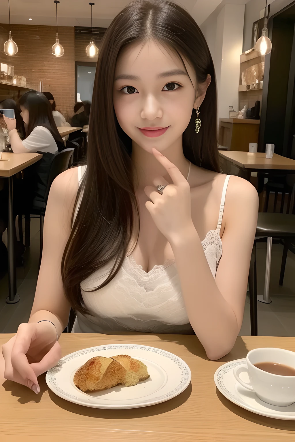((best quality, 8K, masterpiece: 1.3)), japanese beautiful girl, pure, melon face, kind and cute, sweet smile, pure desire, slender body, (front), (tilted head), ((looking at camera) ), wearing a lace dress,silky hair, round black big eyes, clear big eyes, moist red lips, sweet, sitting in a cafes, Upscale European cafes background , whole body, (her hands down under the table:1.5)