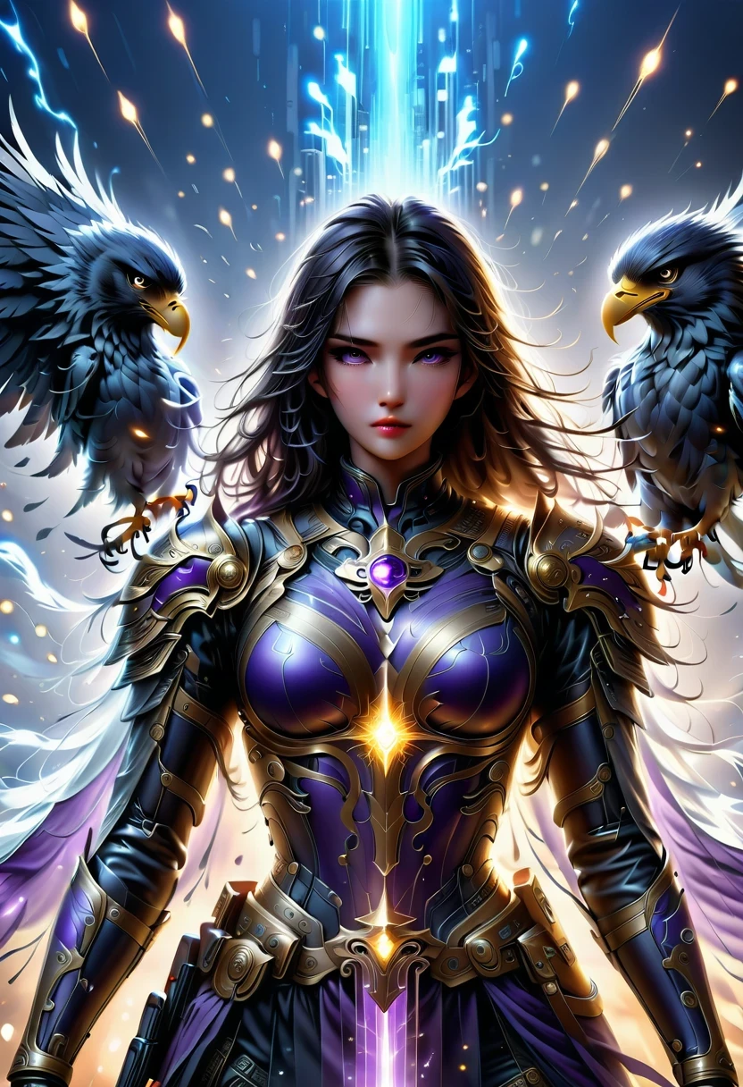 Eagle Falcon Warrior，Eagle head mask，eagle eye，Eagle's Beak， An eagle warrior with an eagle falcon face and wings stands in front of the city of darkness,Close-up of falcon，Huge wings glittering， Beautiful and elegant Falcon King,（（best quality））， （（masterpiece））， （high detail：1.3）， 3d， Machine gun in hand，（cyberpunk characters：1.2） special operations， ，（armed：1.1）， Bulletproof vest， raincoat， number （camouflage： 1.3）， high dynamic range（high dynamic range）， Ray tracing， NVIDIA RTX， ultra high resolution， Unreal 5， subsurface scattering， PBR texture， Post-processing， Anisotropic filtering， depth of field， Maximum clarity and sharpness for any layer texture、Albedo and reflection maps、surface coloring、Accurately simulate the interaction of light with materials、ideal proportions、Render by Octane、Dual color lighting、Large aperture、Low ISO、white balance、rule of thirds、8K raw data、Effective subpixel、sub-pixel convolution、 epic fantasy art, and Mumford Tom Bagshaw., Ominous fantasy illustration, diablo number concept art, Lei Zhenzi is on the dedication list, The head is a falcon， Purple skin under the armor, Thunder Demon, epic fantasy art style, Purple skin under the armor, Detailed number 2D fantasy art, epic fantasy art style HD, 8K fantasy art, King of Birds