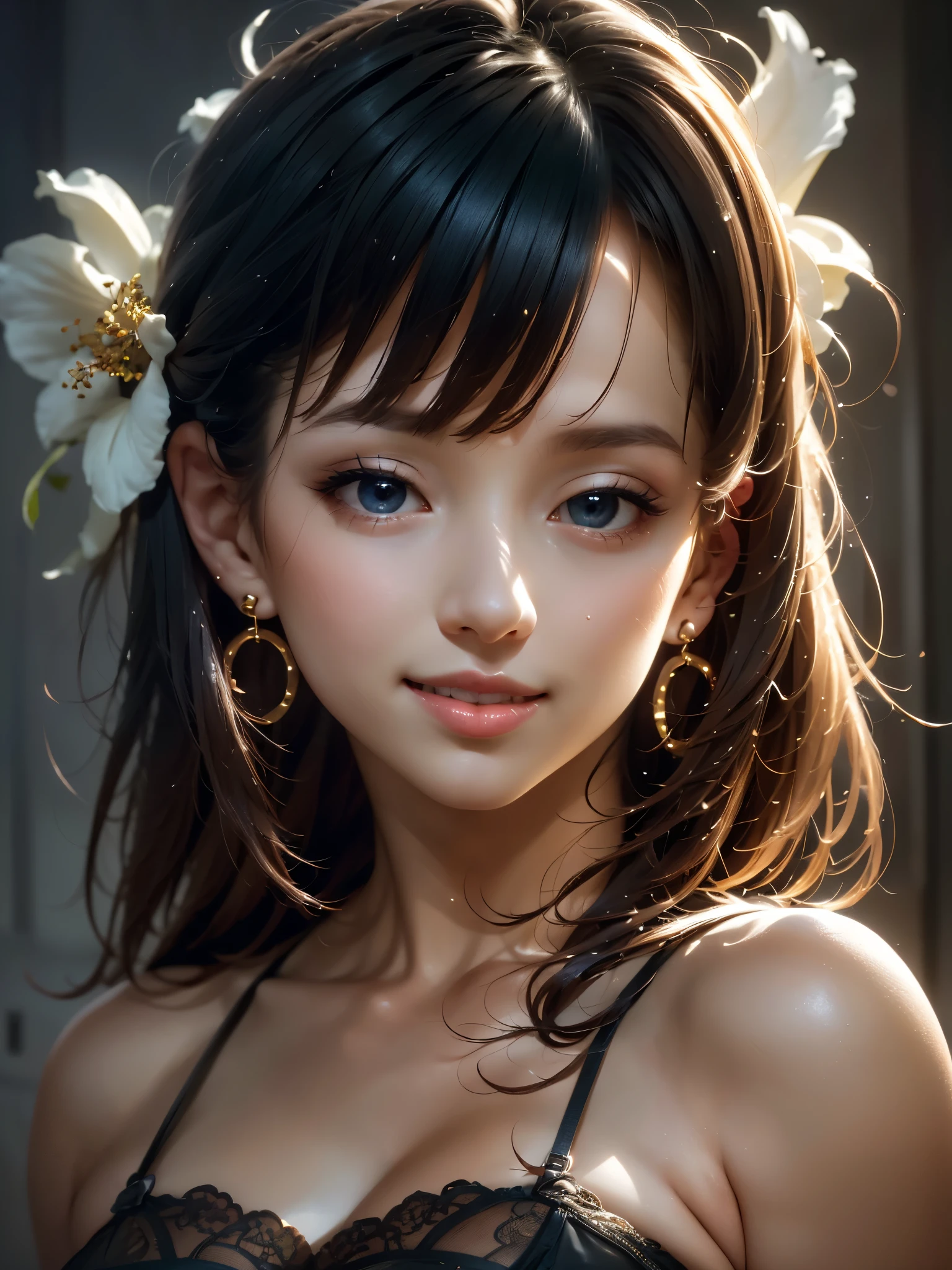 (masterpiece:1.3), (8K、photorealistic, Raw photo, best quality:1.4), (Highest image quality, intricate details, high resolution, depth field, Natural light, professional lighting), (top-quality, hight resolution), (1 girl:1.3), (solo:1.3), (Symmetrical perfect face), beautiful eyelashes, blue eyes. full length, with a lily in her hand, blue bell short dress with yellow stripes, strap, and open shoulders. blue eyes glow with happiness. tilted his head, short brown hair, graceful head, with a bright smile on her face, Chic interior - sunny. Character, golden studio background, standing among white flowers. brown hair, dull bangs, hair between eyes, parted bangs, long eyelashes, earrings, slight smile, realism, surrealism, art deco, chiaroscuro, Backlight, masterpiece, anatomically correct, Super detailed, excellent details, award-winning, highest quality, 1080p, hd