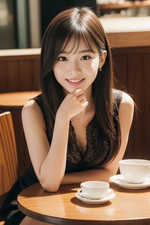 ((best quality, 8K, masterpiece: 1.3)), japanese beautiful girl, pure, melon face, kind and cute, sweet smile, pure desire, slender body, (front), (tilted head), ((looking at camera) ), wearing a lace dress,silky hair, round black big eyes, clear big eyes, moist red lips, sweet, sitting in a cafes, Upscale European cafes background , whole body, (her hands down under the table:1.5)