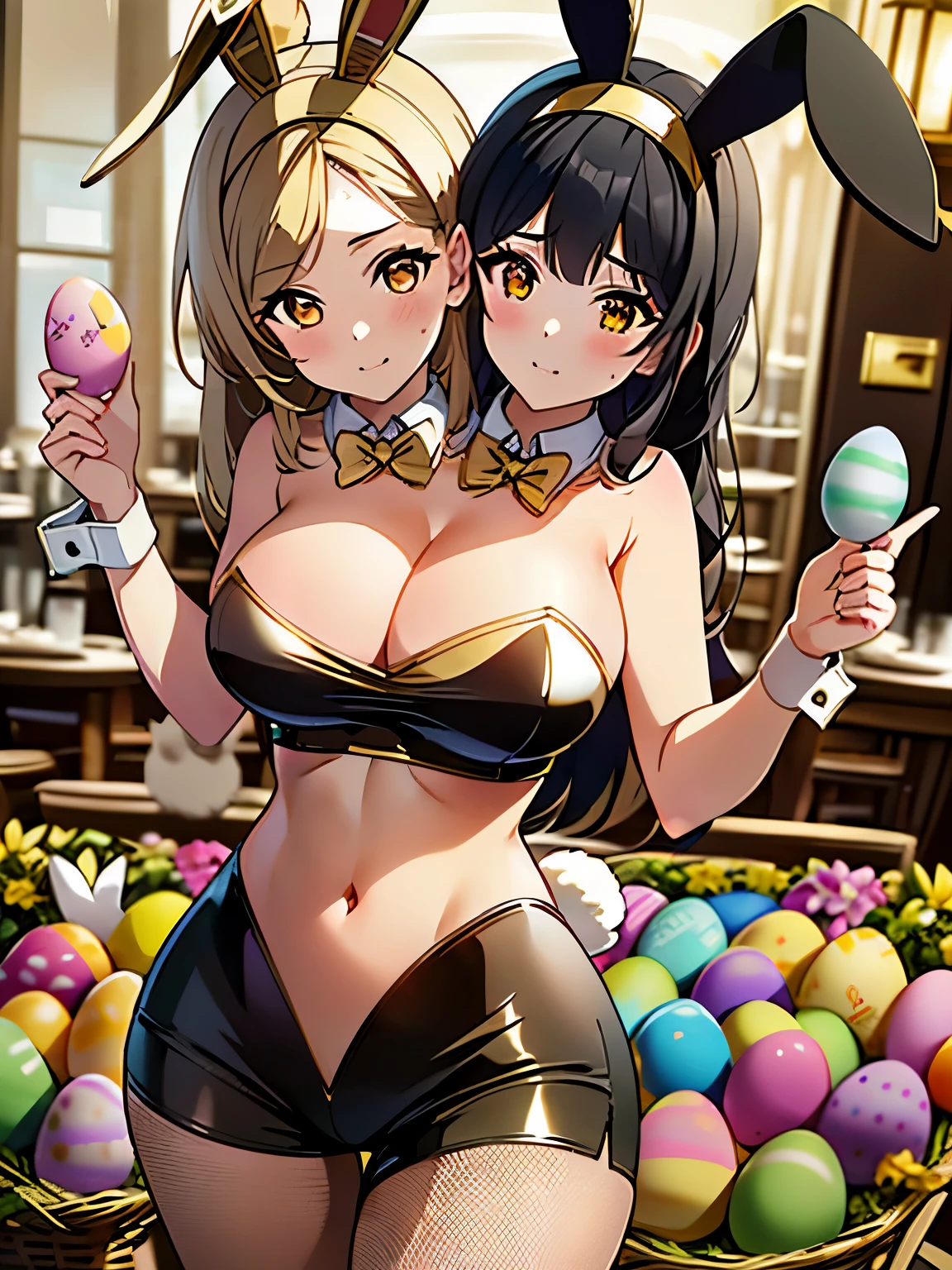 (masterpiece),(ultra-detailed), (high quality), (high resolution), (best quality:1.5, highres, UHD), highres, absurdo, ultra detail, ultra quality, ((2heads:1.5)), 1girl, ((black hair)), ((long white hair)), (gold eyes:1.5), (rabbit ears headband:1.5), (different eye color), playboy rabbit costume, blushing, beautiful girl, Ultra resolution, 16k, detailed face, ((slim hips)), beautiful woman, (cleavage), (exposed midriff), crop top, shorts, ((Easter)), ((Easter eggs)), field 