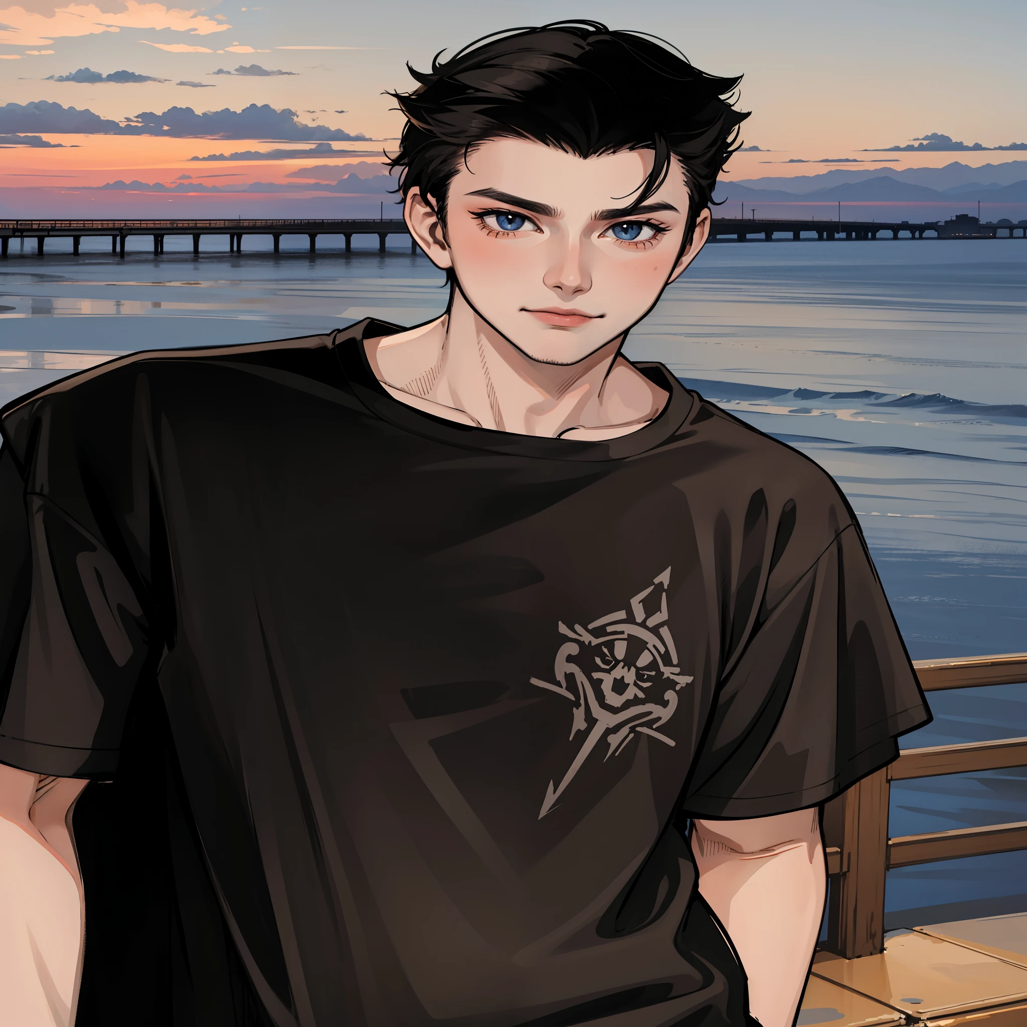 arafed image of a man standing on a pier with a sunset in the background, he is wearing a black t-shirt, second life avatar, wearing a black t-shirt, wearing black tshirt, wearing a black tshirt, virtual self, black t shirt, full body close-up shot, close up half body shot