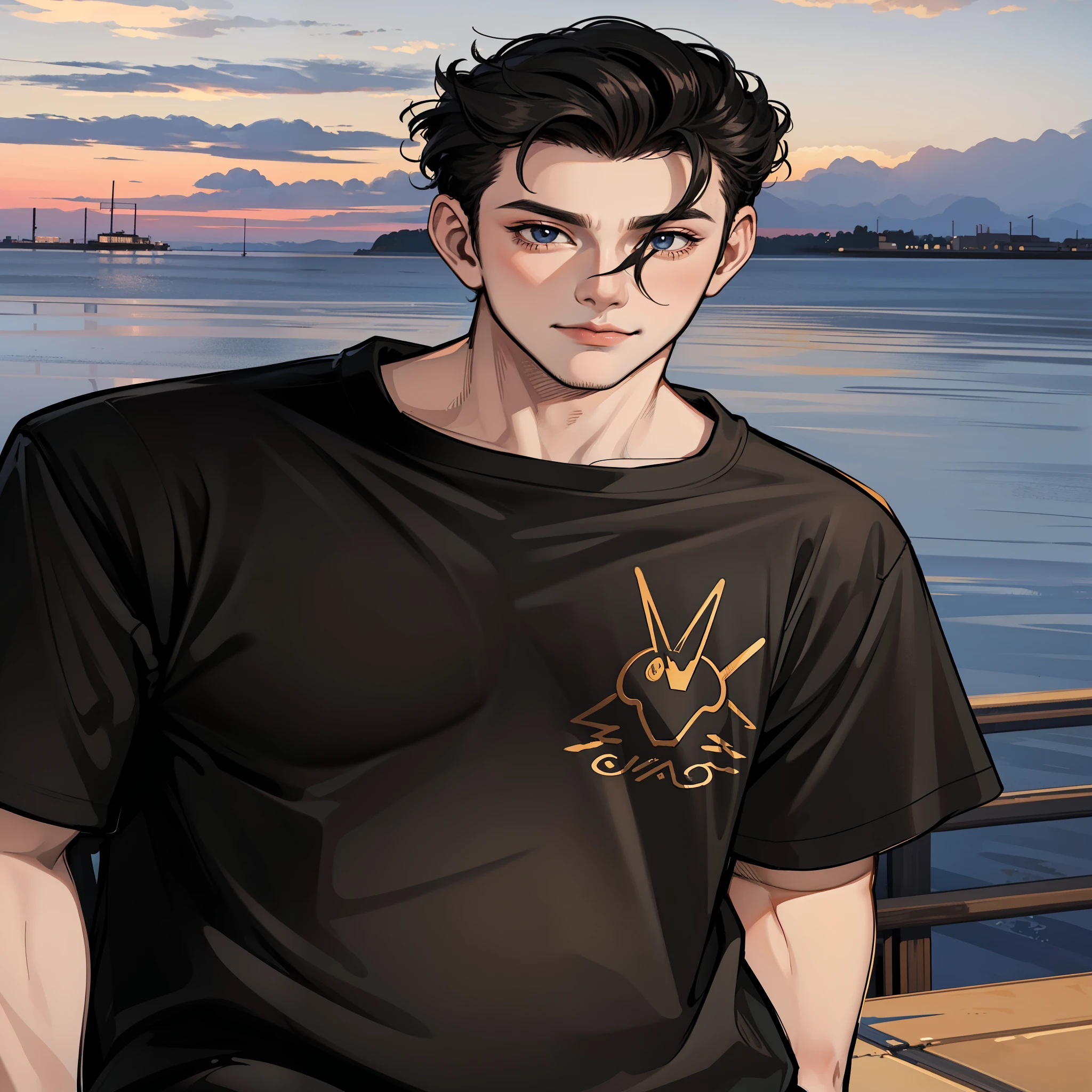 arafed image of a man standing on a pier with a sunset in the background, he is wearing a black t-shirt, second life avatar, wearing a black t-shirt, wearing black tshirt, wearing a black tshirt, virtual self, black t shirt, full body close-up shot, close up half body shot