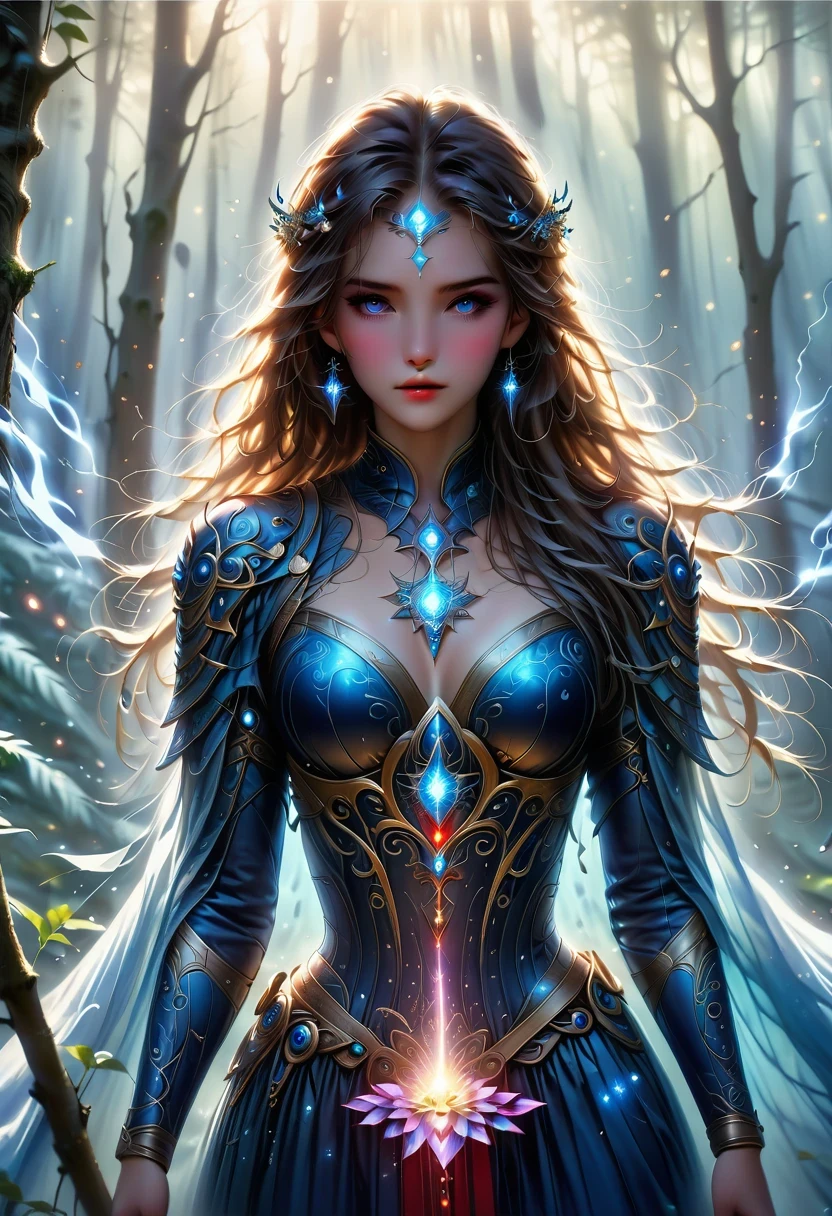 poderosos bruxos, Standing in the mysterious forest. Their flowing robes were decorated with symbols, open arms, Eyes sparkling with mysterious energy. as the spell escapes their lips, energetic, Swirling patterns of dark magic appear in the air, red and blue pulsations. Magic fills the air, make flowers bloom, creature that stares in awe. Wisps of magical energy dance, Reveal hidden areas, Unlock the secret. Capture the essence of this captivating moment, Bring the mysterious power of dark magic to life on canvas with the highest quality and detail. best quality, masterpiece, ultra high resolution, (lifelike:1.4), original photo, sharp focus, high dynamic range, Delicate skin.