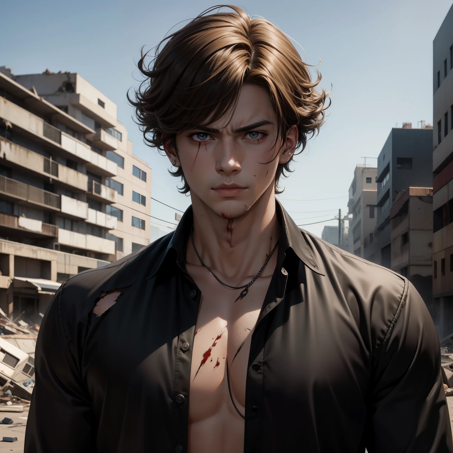 Realistic Anime style, Handsome boy, cool boy, serious face, torn Black shirt, Curly blonde hairstyle, Several blood wounds on his face, Background of destroyed buildings