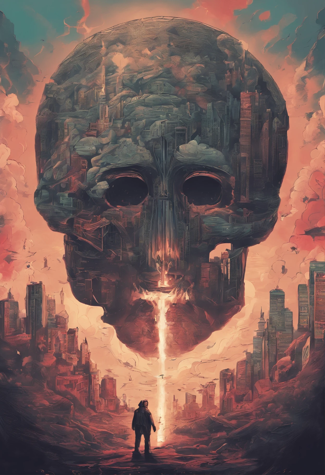 There is a poster，Above is a pair of smoking lungs, air pollute, pollute, art cover, Alejandro Burdicio Art, cover art design, cutting air. pop surrealism, Beautiful and thought-provoking poster art, Etherpunk airbrush digital art, Inspired by Alexander Burdisio, apocalyptic art, Book cover art concept, nuclear art