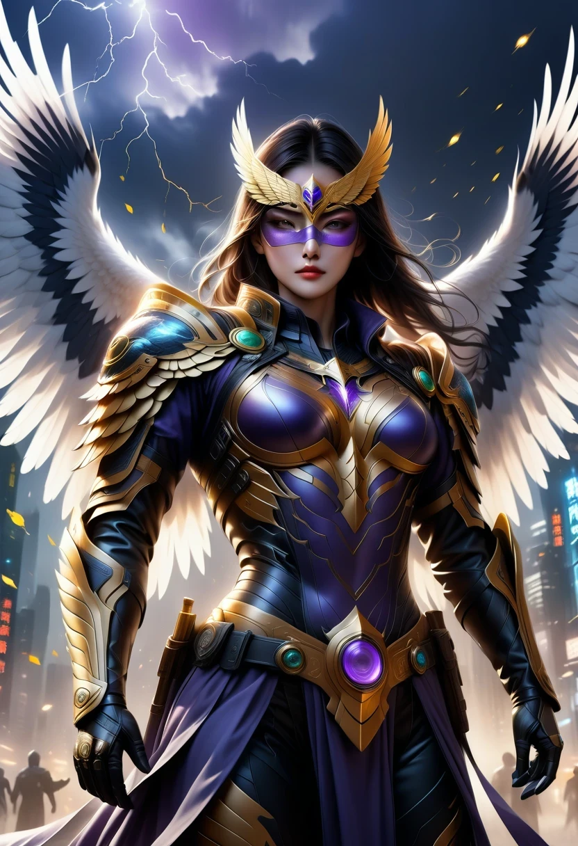 Eagle Falcon Warrior,Eagle head mask,eagle eye,Eagle's Beak, An eagle warrior with an eagle falcon face and wings stands in front of the city of darkness,Close-up of falcon,Huge wings glittering, Beautiful and elegant Falcon King,((best quality)), ((masterpiece)), (high detail:1.3), 3d, Machine gun in hand,(cyberpunk characters:1.2) special operations, ,(armed:1.1), Bulletproof vest, raincoat, number (camouflage: 1.3), high dynamic range(high dynamic range), Ray tracing, NVIDIA RTX, ultra high resolution, Unreal 5, subsurface scattering, PBR texture, Post-processing, Anisotropic filtering, depth of field, Maximum clarity and sharpness for any layer texture、Albedo and reflection maps、surface coloring、Accurately simulate the interaction of light with materials、ideal proportions、Render by Octane、Dual color lighting、Large aperture、Low ISO、white balance、rule of thirds、8K raw data、Effective subpixel、sub-pixel convolution、 epic fantasy art, and Mumford Tom Bagshaw., Ominous fantasy illustration, diablo number concept art, Lei Zhenzi is on the dedication list, The head is a falcon, Purple skin under the armor, Thunder Demon, epic fantasy art style, Purple skin under the armor, Detailed number 2D fantasy art, epic fantasy art style HD, 8K fantasy art, King of Birds