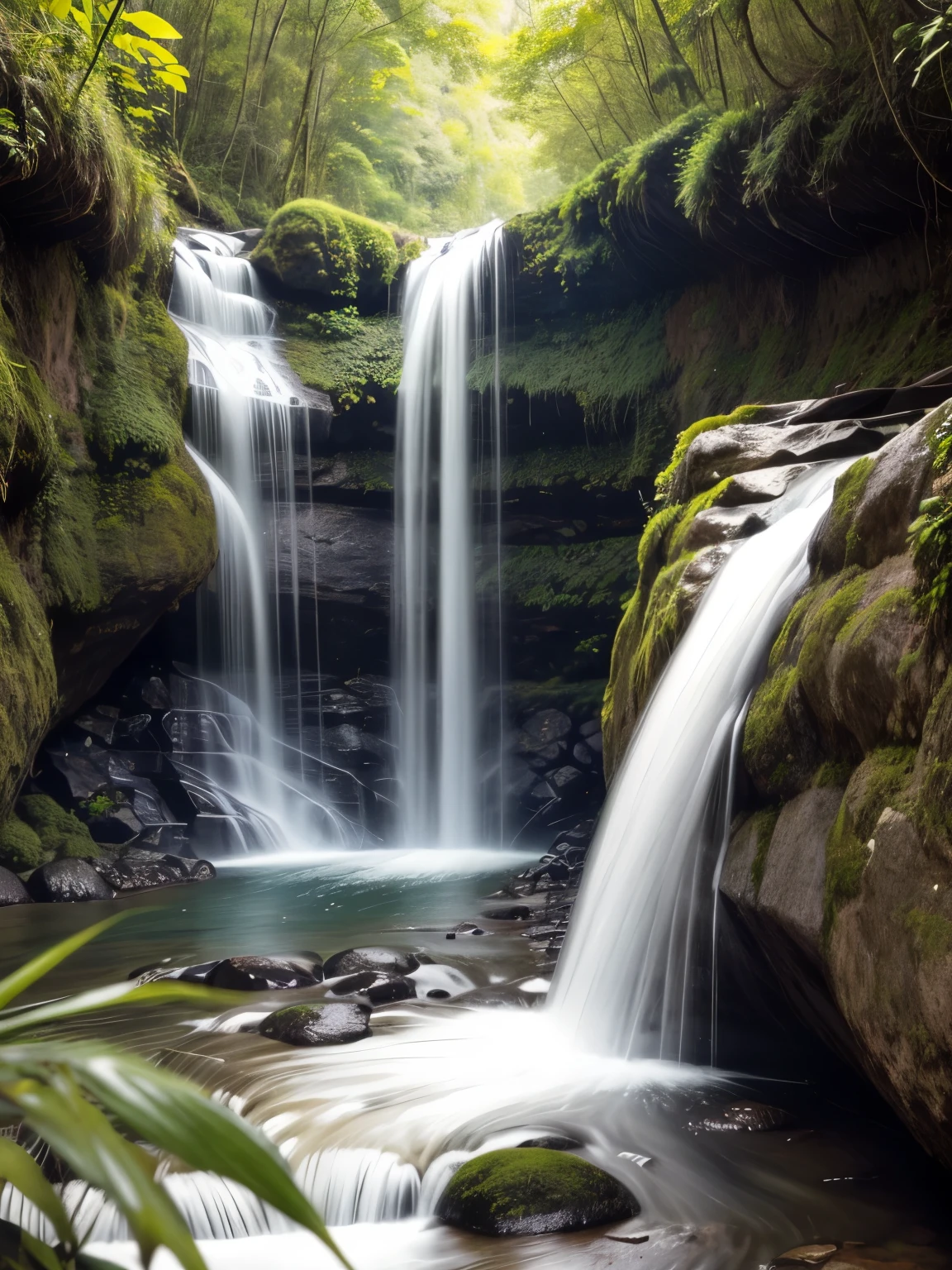obra de arte, Melhor qualidade, realistic lighting, sharp focus, 1 garota, atraente e quente, Sorriso, corpo na altura da cintura, ao ar livre, cachoeira, green trees, flores, olhando para o espectador