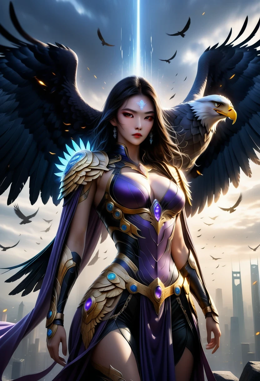Eagle Falcon Warrior,Eagle head mask,eagle eye,Eagle's Beak, An eagle warrior with an eagle falcon face and wings stands in front of the city of darkness,Close-up of falcon,Huge wings glittering, Beautiful and elegant Falcon King,((best quality)), ((masterpiece)), (high detail:1.3), 3d, Machine gun in hand,(cyberpunk characters:1.2) special operations, ,(armed:1.1), Bulletproof vest, raincoat, number (camouflage: 1.3), high dynamic range(high dynamic range), Ray tracing, NVIDIA RTX, ultra high resolution, Unreal 5, subsurface scattering, PBR texture, Post-processing, Anisotropic filtering, depth of field, Maximum clarity and sharpness for any layer texture、Albedo and reflection maps、surface coloring、Accurately simulate the interaction of light with materials、ideal proportions、Render by Octane、Dual color lighting、Large aperture、Low ISO、white balance、rule of thirds、8K raw data、Effective subpixel、sub-pixel convolution、 epic fantasy art, and Mumford Tom Bagshaw., Ominous fantasy illustration, diablo number concept art, Lei Zhenzi is on the dedication list, The head is a falcon, Purple skin under the armor, Thunder Demon, epic fantasy art style, Purple skin under the armor, Detailed number 2D fantasy art, epic fantasy art style HD, 8K fantasy art, King of Birds