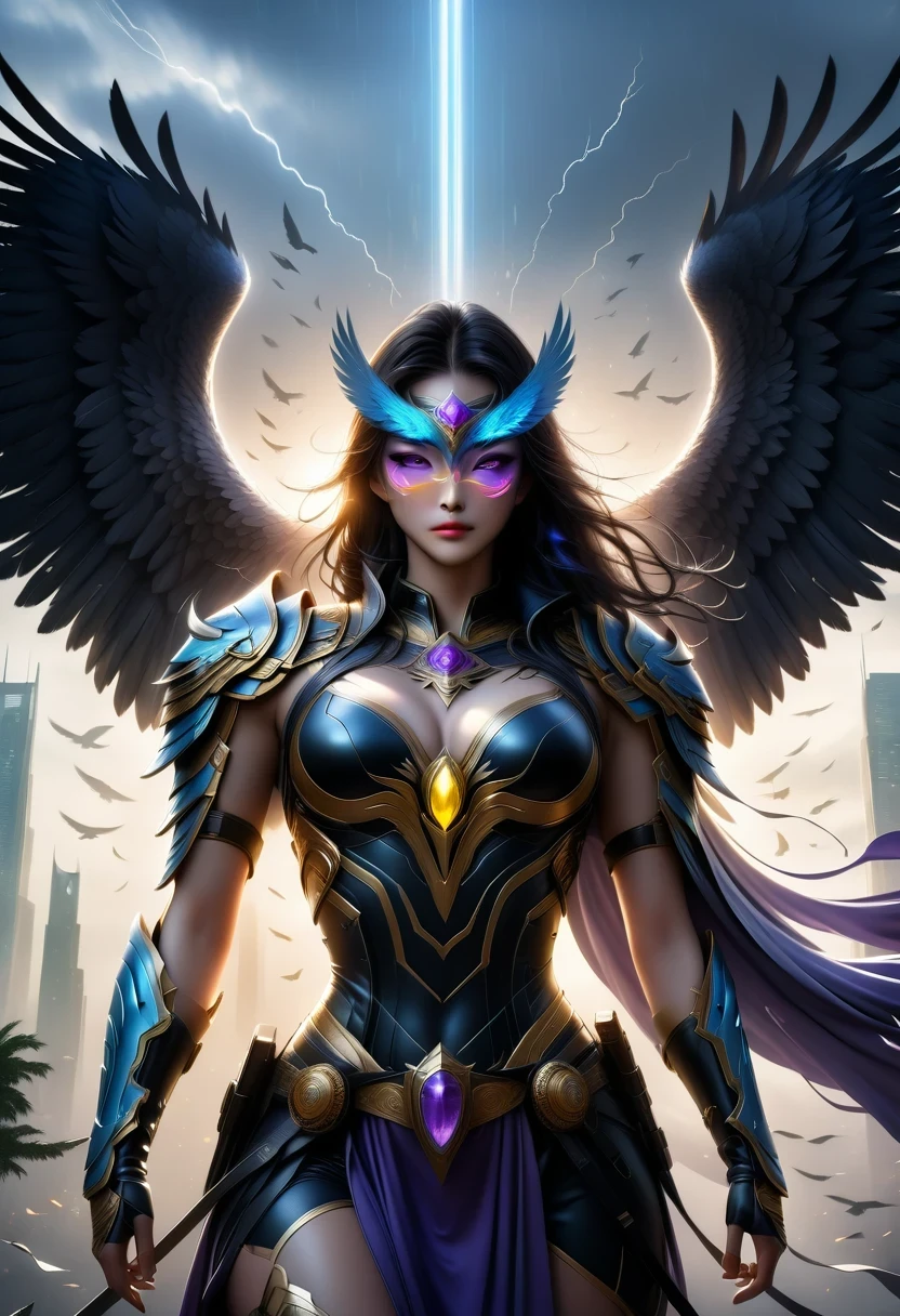 Eagle Falcon Warrior,Eagle head mask,eagle eye,Eagle's Beak, An eagle warrior with an eagle falcon face and wings stands in front of the city of darkness,Close-up of falcon,Huge wings glittering, Beautiful and elegant Falcon King,((best quality)), ((masterpiece)), (high detail:1.3), 3d, Machine gun in hand,(cyberpunk characters:1.2) special operations, ,(armed:1.1), Bulletproof vest, raincoat, number (camouflage: 1.3), high dynamic range(high dynamic range), Ray tracing, NVIDIA RTX, ultra high resolution, Unreal 5, subsurface scattering, PBR texture, Post-processing, Anisotropic filtering, depth of field, Maximum clarity and sharpness for any layer texture、Albedo and reflection maps、surface coloring、Accurately simulate the interaction of light with materials、ideal proportions、Render by Octane、Dual color lighting、Large aperture、Low ISO、white balance、rule of thirds、8K raw data、Effective subpixel、sub-pixel convolution、 epic fantasy art, and Mumford Tom Bagshaw., Ominous fantasy illustration, diablo number concept art, Lei Zhenzi is on the dedication list, The head is a falcon, Purple skin under the armor, Thunder Demon, epic fantasy art style, Purple skin under the armor, Detailed number 2D fantasy art, epic fantasy art style HD, 8K fantasy art, King of Birds