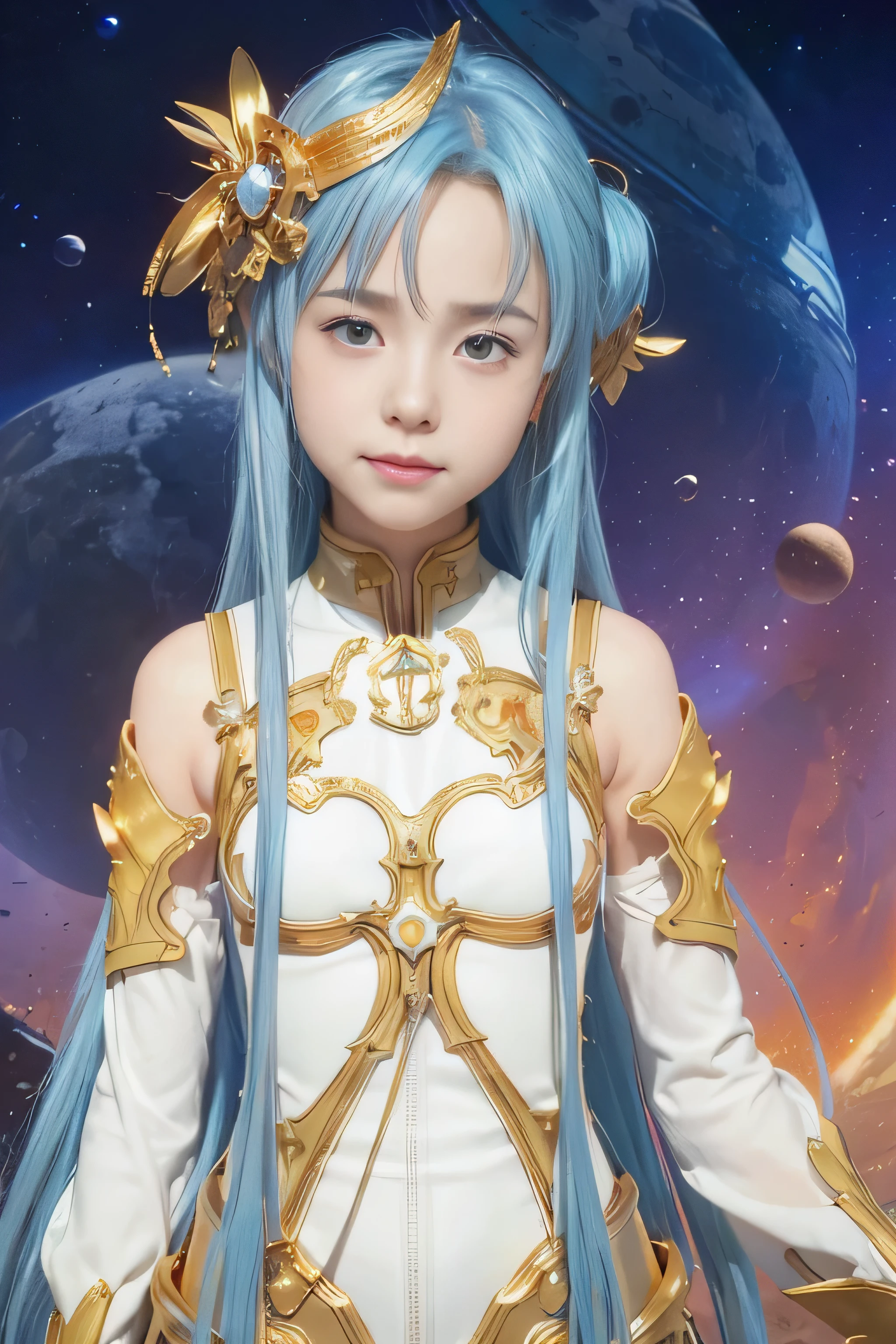 Realistic,masterpiece, best quality, (realistic,photo-realistic:1.4), (RAW photo:1.2),extremely detailed CG unity 8k wallpaper, delicate and beautiful, amazing,finely detail, official art, absurdres, incredibly absurdres, huge filesize, ultra-detailed,extremely detailed eyes and face, light on face,asuna yuuki ,(little smile:1.2),(blue hair:1.3)long hair,(wearing golden armor:1.4),(caramel eyes:1.5),(planet background:1.5),sleeveless