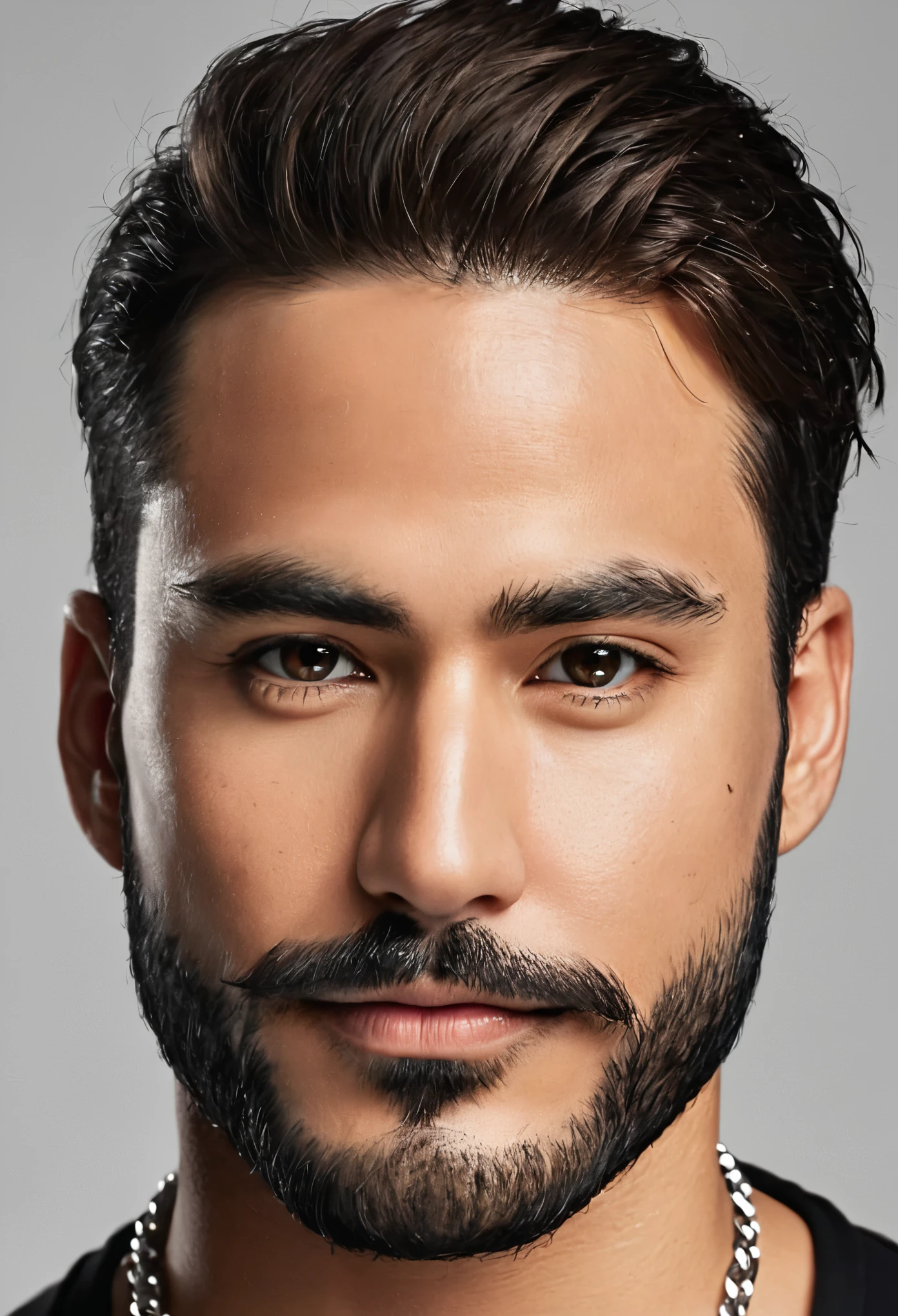 Craft an 8K resolution hyperrealistic portrait of a man exuding elegance and complexity, comparable to a mind-blowing masterpiece. His beard and mustache are well-trimmed, framing a face with deeply expressive eyes and pronounced thick eyebrows. He dons a black cap that sports a distinctive silver triangular logo. Encircling his neck are two lustrous silver chains; the shorter one boasts a simple cross pendant, while the longer one is embellished with a more ornate cross. His skin radiates a gentle tan, indicative of meticulous grooming, complemented by his plump, full lips. His attire is a black ensemble, setting a stark contrast against the obscure, soft-focused background. The ambient lighting is gentle yet focused, imitating the clarity of light reflecting off a glacial landscape, illuminating his facial features with precision while ensuring no harsh shadows are cast, thereby creating an image that is both stunning in detail and extraordinary in its depiction.