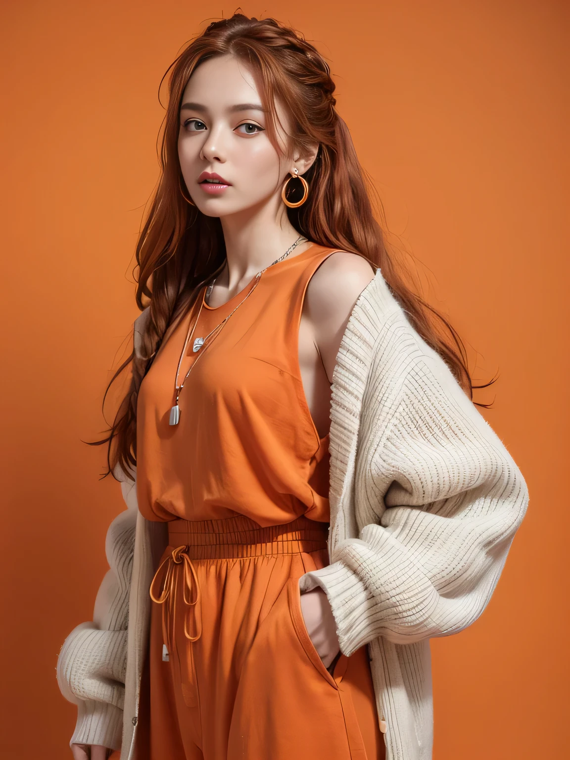 (8K, highest quality, High resolution, masterpiece :1.3), (orange background), stylish, hisense, fashion, The contour is the length of the surface, eyes are long, Red braided hair, hair band, oversized clothes, baggy clothes, Upper body, necklace, earrings, graphic design, take a pose, 