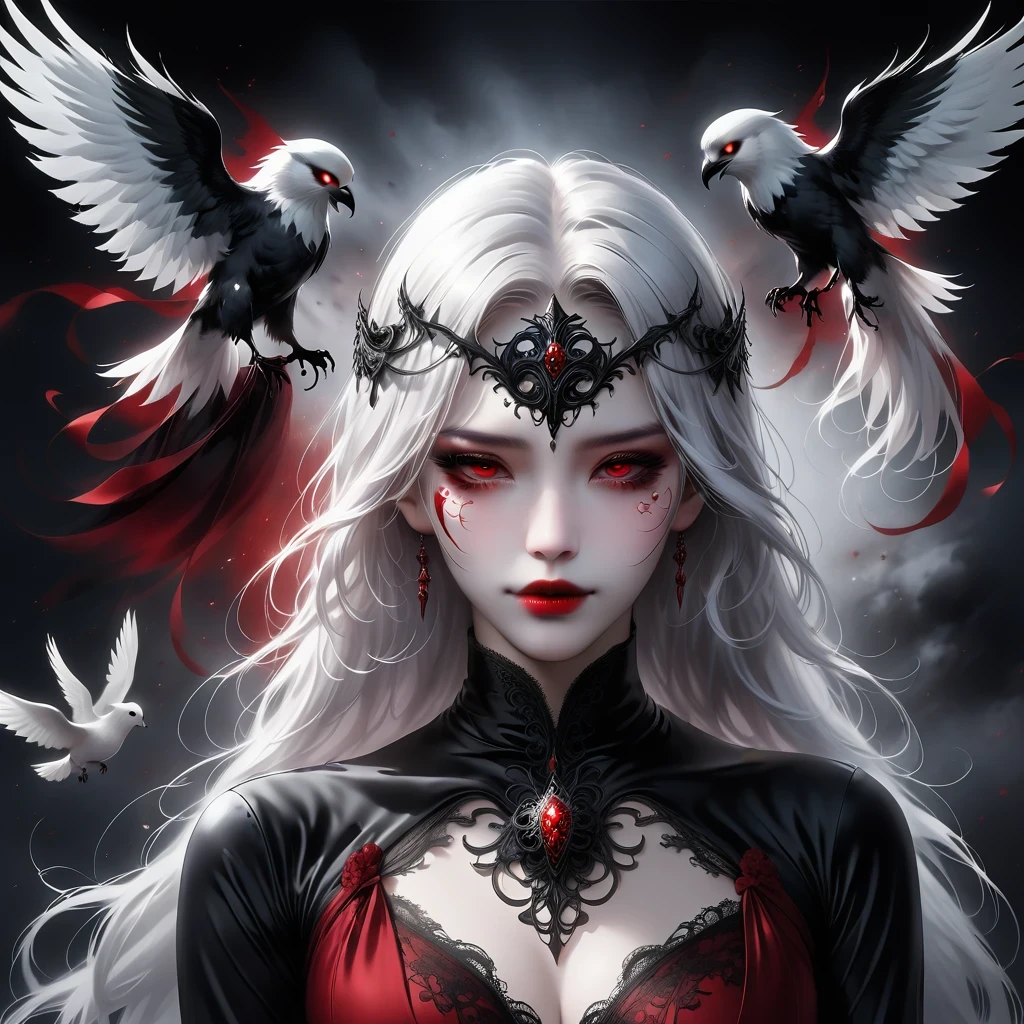 (Mask in hand:1.5),(White-haired ghost,straight hair,Red eyes),(gothic art),(Fear:1.5),(correct human anatomy:1.37)