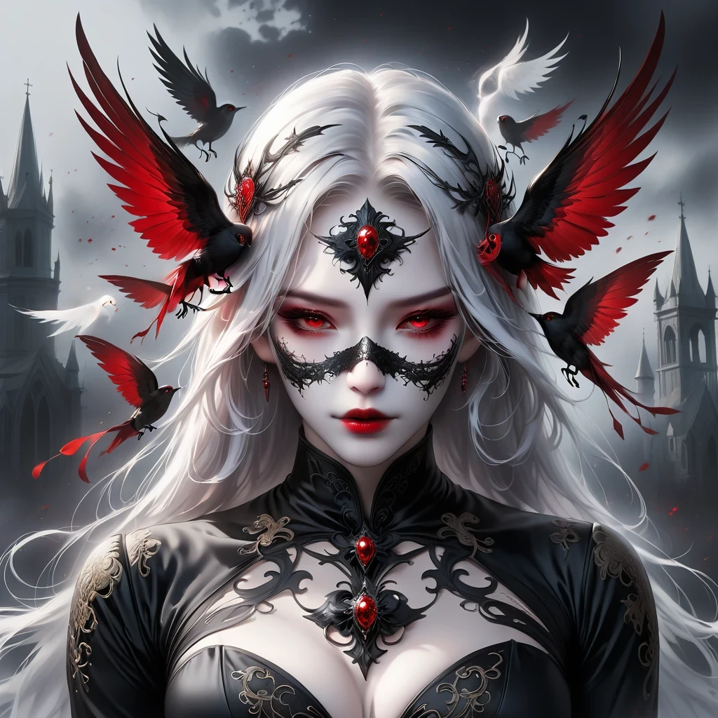 （Mask in hand：1.5），（White-haired ghost，straight hair，Red eyes），（gothic art），（Fear：1.5），（correct human anatomy：1.37）
