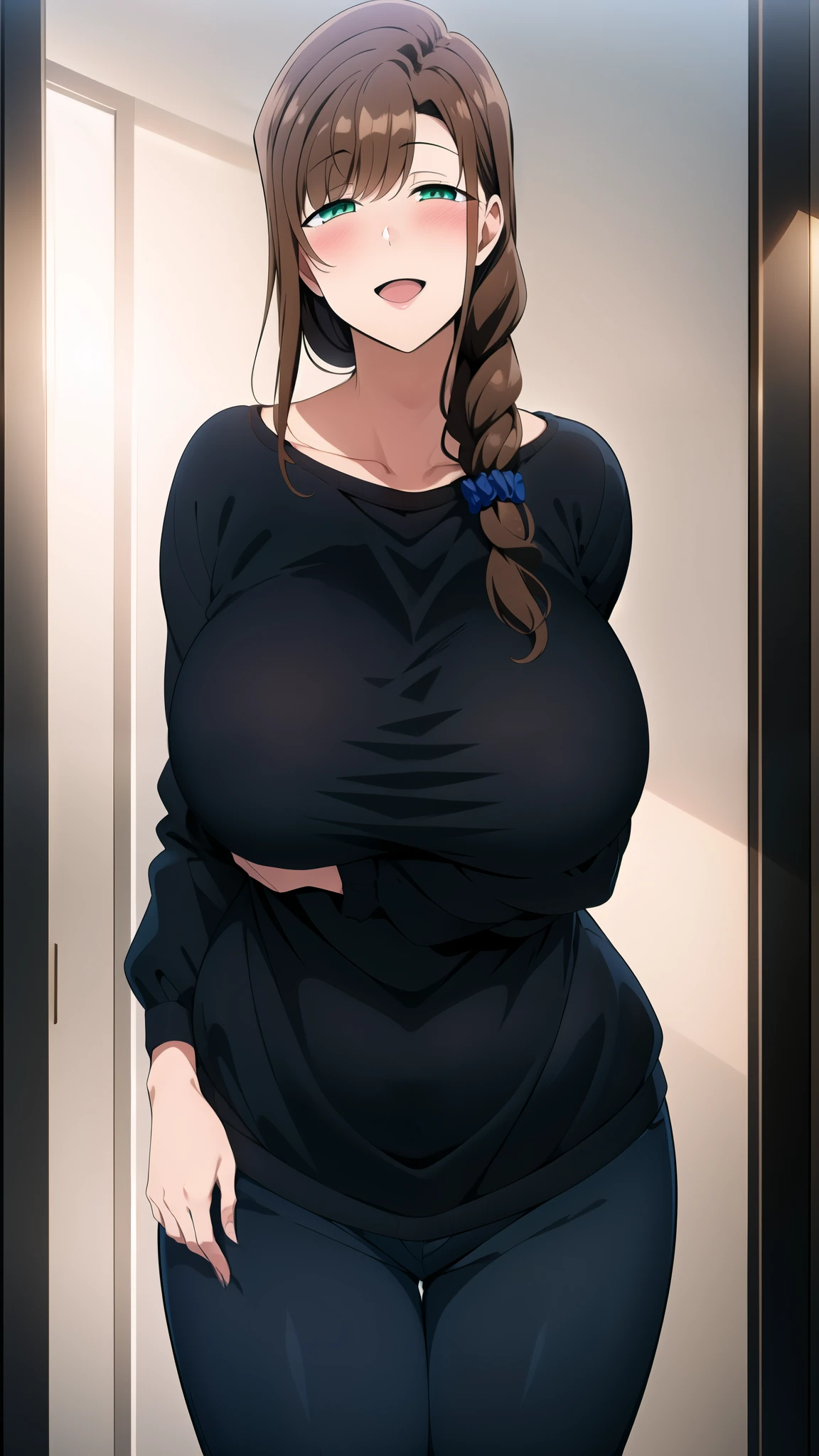 master piece, mature woman, blush,1girl, hands together, long hair, looking at viewer, smile, HALF CLOSED EYES, open mouth, large breasts, brown hair, black shirt, long sleeve, loose shirt, hair ornament, green eyes, collarbone, braid, blue pants, (((black SWEATER))), single braid, scrunchie, hair over shoulder, hair scrunchie, mature female, wide hips,,
