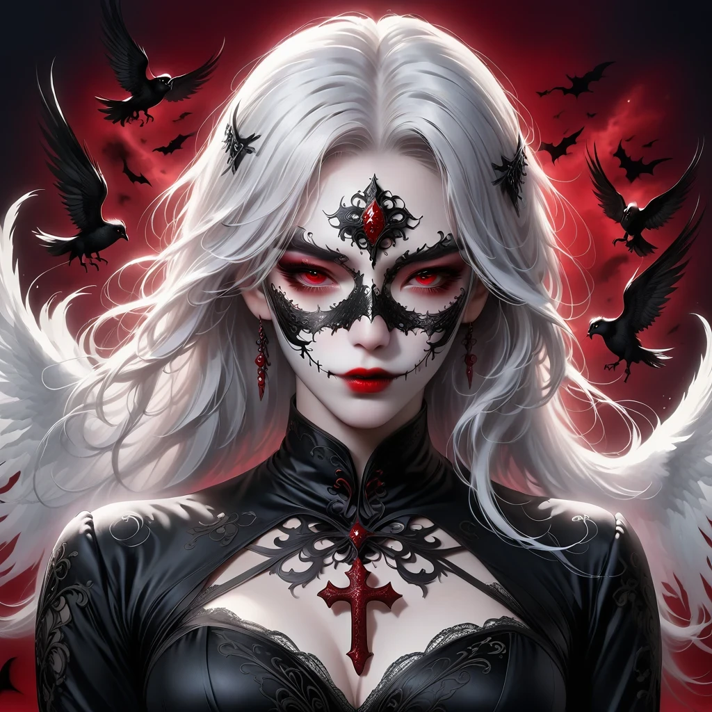 (Mask in hand:1.5),(White-haired ghost,straight hair,Red eyes),(gothic art),(Fear:1.5),(correct human anatomy:1.37)