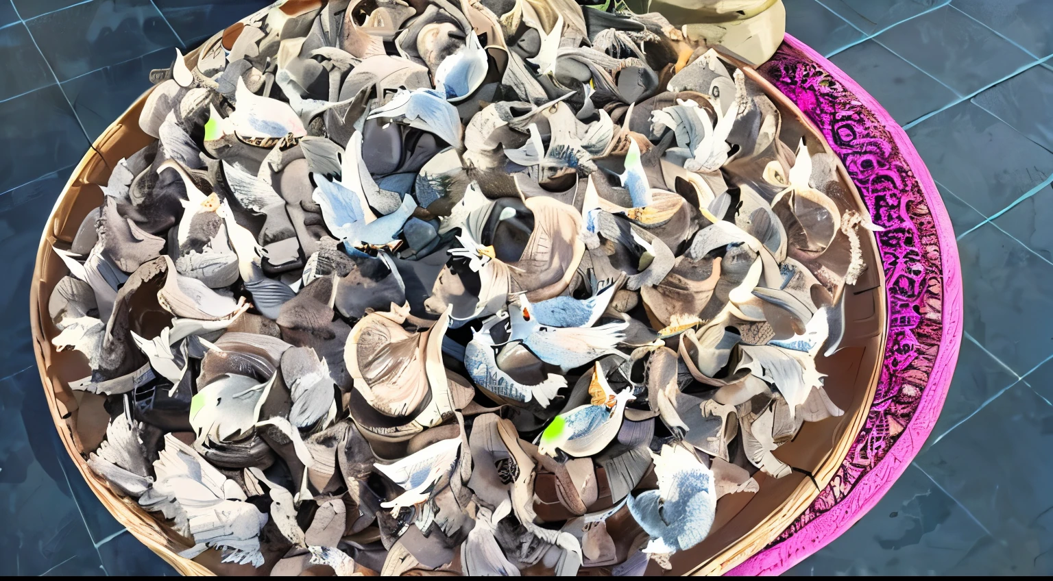 dried bird nests on rugged trays, stone floors, round pink carpet, 2d animation style art