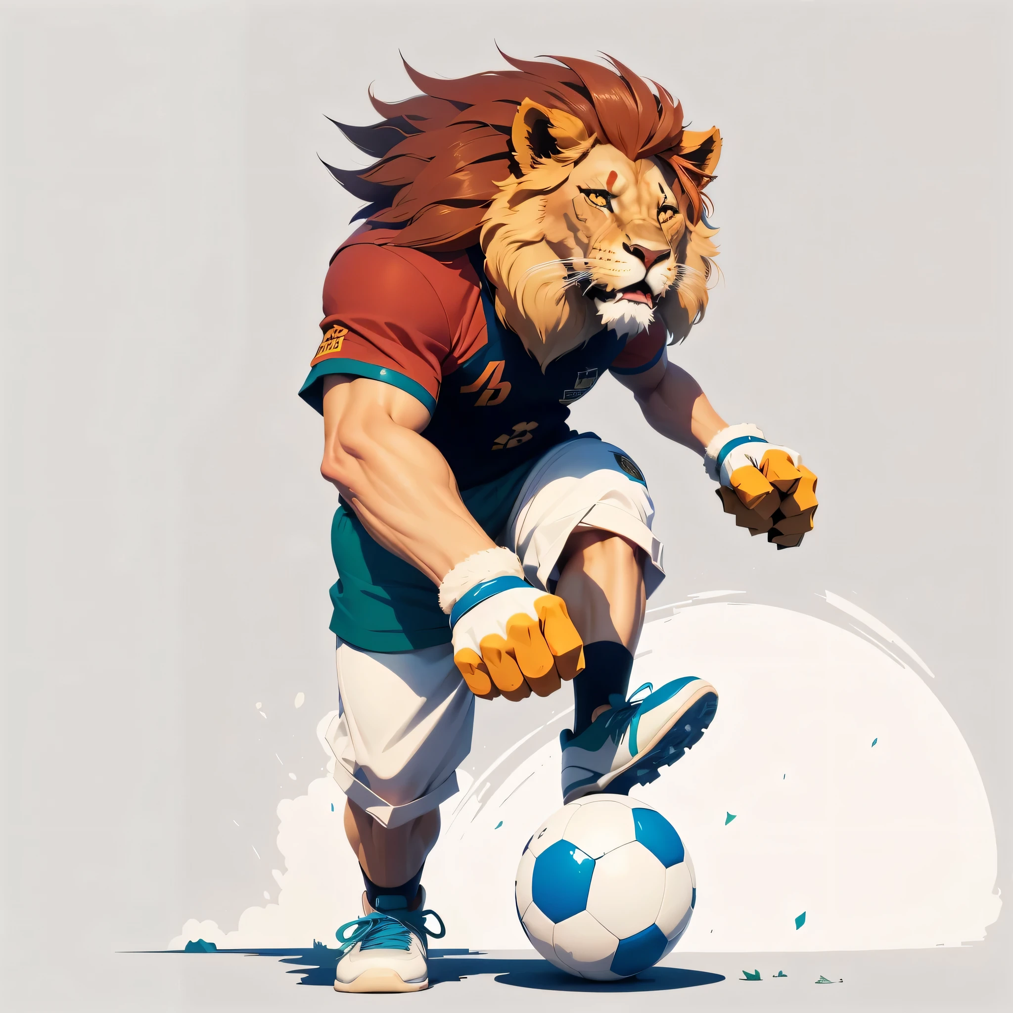 there is a man kicking a futebol ball with a lion on it, no estilo de Kyrill Kotashev, mascote do futebol, fumando charuto, futebol player, futebol, 2d full body lion, Apenas Bartel, no estilo de sachin teng, amazing wallpaper, mascot illustration, mascote do esporte, estilo de pintura de daniel lezama, estilo de arte detalhado impressionante, fantastic works of art
