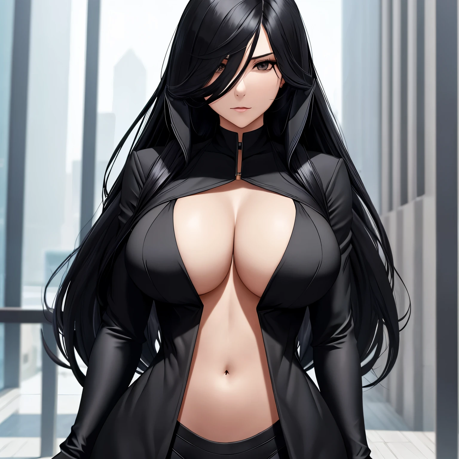 Woman with black middle long hair,big chest, hourglass body, beautiful, assassin,black suit that show skin,sexy