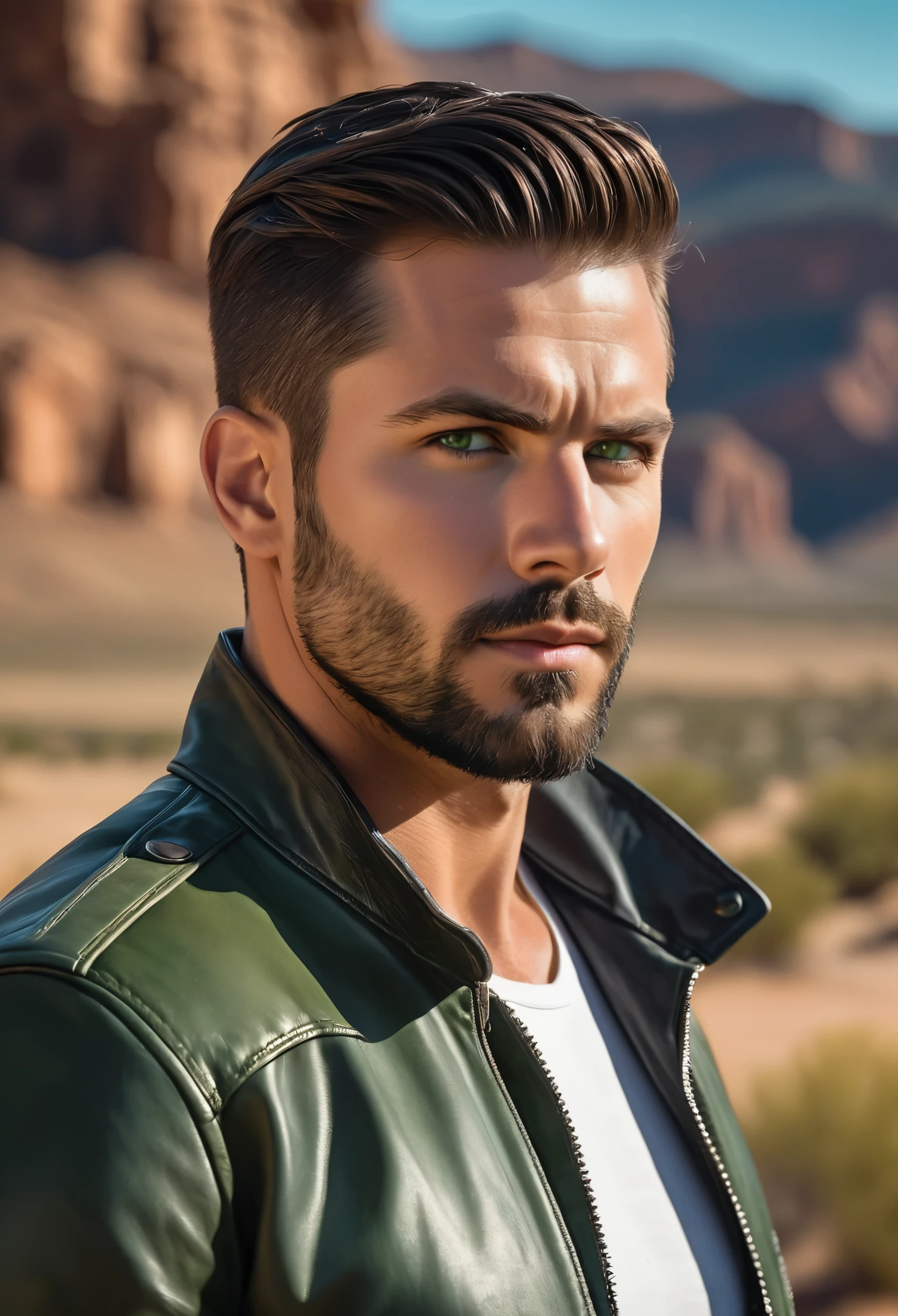 A medium-sized male, resilient and robust, with military-shaved short hair and a well-trimmed, orderly short beard. His light green eyes radiate intensity. The upper body is strong but not excessively muscular, showcasing a blend of strength and elegance. He's dressed in a black leather jacket over a white shirt, creating a sophisticated appearance. This masterpiece of hyperrealism captures the subject in high dynamic range to emphasize the intricate details of his features and attire. The background is a magnificent landscape of a plateau, flat, mesa, under fading illumination, simulating a photograph shot with a Sony A6400 with Sony E 35mm f-1.8 OSS. The image has a high pixel density for a sharp and detailed visual experience.