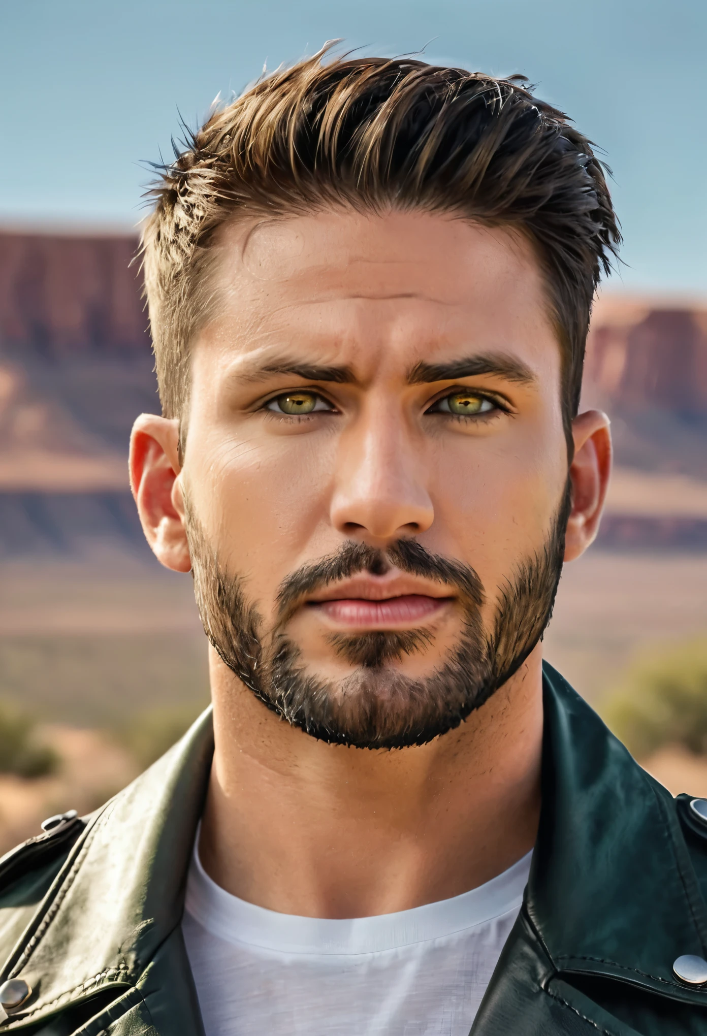 A medium-sized male, resilient and robust, with military-shaved short hair and a well-trimmed, orderly short beard. His light green eyes radiate intensity. The upper body is strong but not excessively muscular, showcasing a blend of strength and elegance. He's dressed in a black leather jacket over a white shirt, creating a sophisticated appearance. This masterpiece of hyperrealism captures the subject in high dynamic range to emphasize the intricate details of his features and attire. The background is a magnificent landscape of a plateau, flat, mesa, under fading illumination, simulating a photograph shot with a Sony A6400 with Sony E 35mm f-1.8 OSS. The image has a high pixel density for a sharp and detailed visual experience.