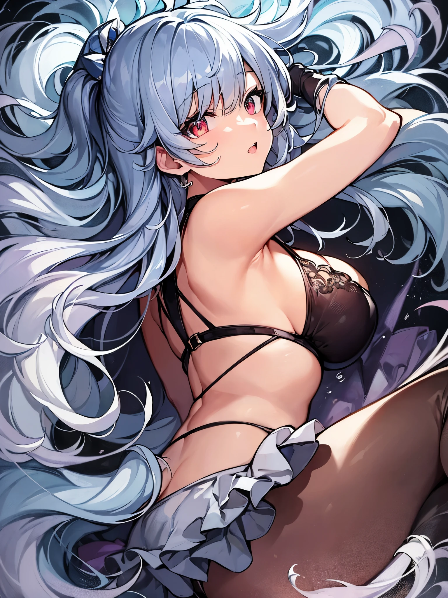 (masterpiece:1.3), (8K、best quality:1.4), (top-quality, hight resolution), (1 girl:1.3), (solo:1.3), delicate floral skirt, Draw a thick line, big breasts, , bare shoulders, spread legs, sleeping in bed, From the back, big ass, arms are behind, gradient hair, long hair, I opened my eyes, pink eyes, open your mouth, smiley, gray hair, green hair, anime, 16k, High resolution, highest quality, advanced details, Super detailed, rough skin, anatomically correct, retina, UHD