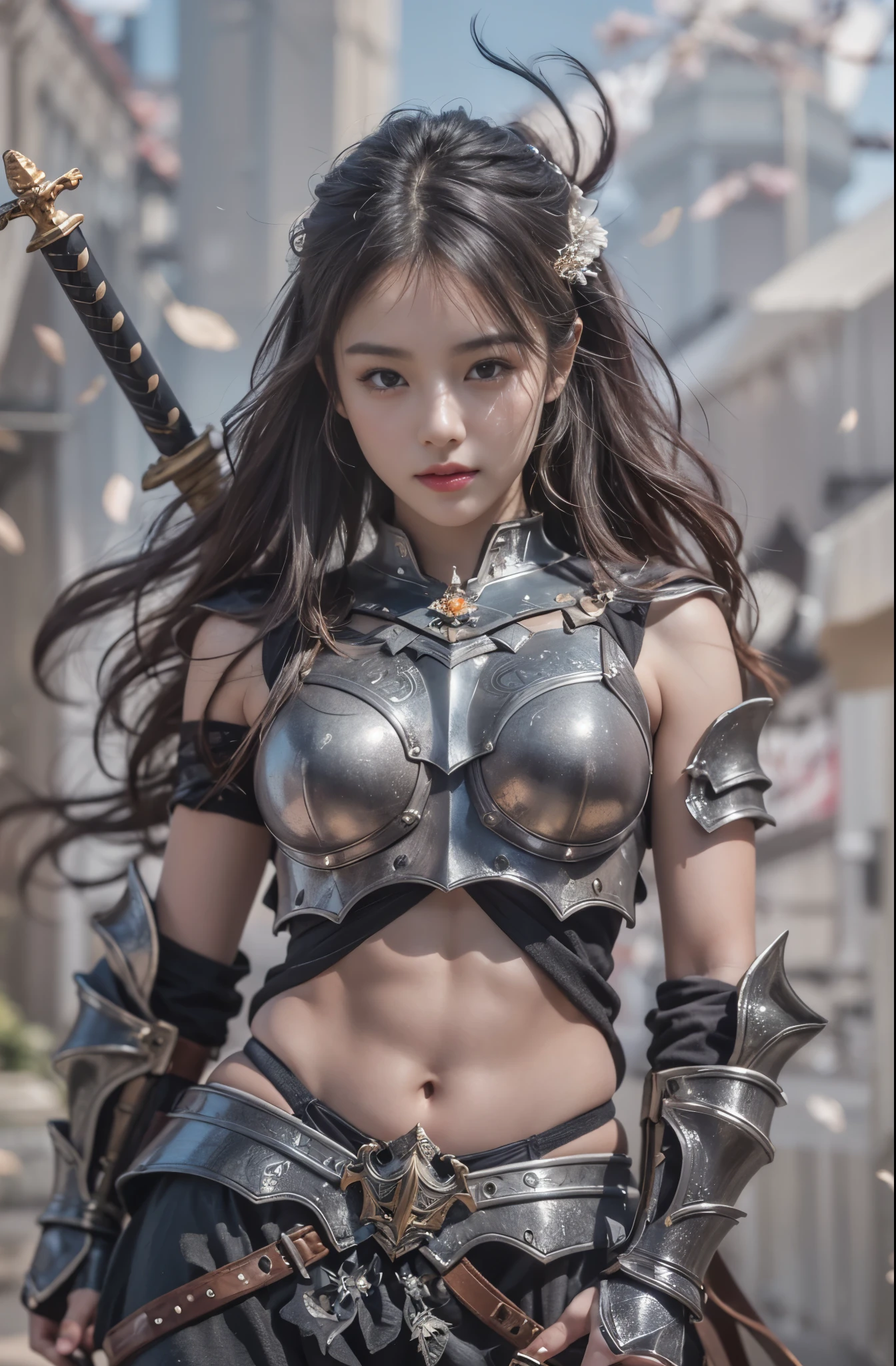 one wearing armor、Close-up of woman holding sword, Armor girl, Fantasy Warrior, Bikini armor female knight, girl wearing knight armor, author：Yang Jie, a Fantasy Warrior, Samurai Maiden, Most models | type germ, Anime Girls Cosplay, beautiful female knight, beautiful female warrior, female warrior, chengwei pan on artstation, Light black armor，Armor girl, Bikini armor female knight,bare belly，Show belly button，Sexy abdominal muscles，amazing armor, Armor girl, beautiful armor, white armor,, beautiful female knight, chengwei pan on artstation, Gorgeous female paladin，Super detailed photos,, best quality, ultra high resolution, lifelike, Sunlight, full body portrait, stunningly beautiful,, dynamic poses, delicate face, vibrant eyes,Smile， High detail skin, lifelike皮肤细节, Visible pores, sharp focus, volumetric fog, 8K Ultra HD, SLR camera, high quality, White skin, photorealism, Photography，highly refined skin, Realistic skin details, Visible pores, lock focus, Volumetric fog, cinematic lighting, depth of field, UHD, masterpiece, high details, super detail, textured skin, best quality, 8K 