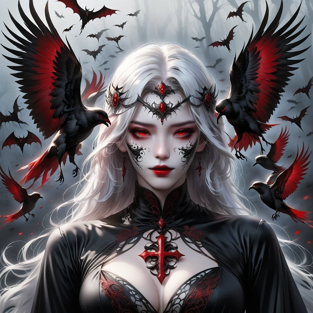 (Mask in hand:1.5),(White-haired ghost,straight hair,Red eyes),(gothic art),(Fear:1.5),(correct human anatomy:1.37)