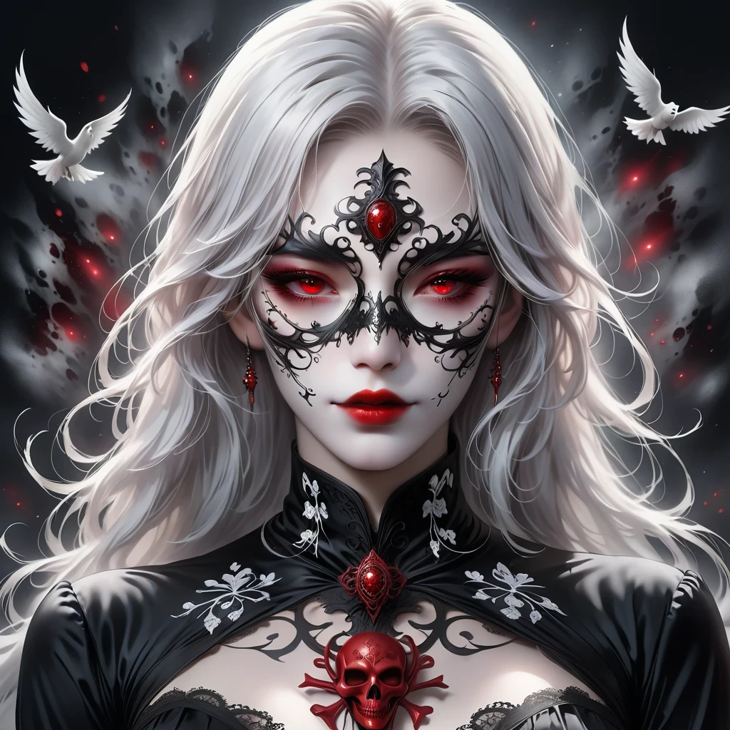 (Mask in hand:1.5),(White-haired ghost,straight hair,Red eyes),(gothic art),(Fear:1.5),(correct human anatomy:1.37)