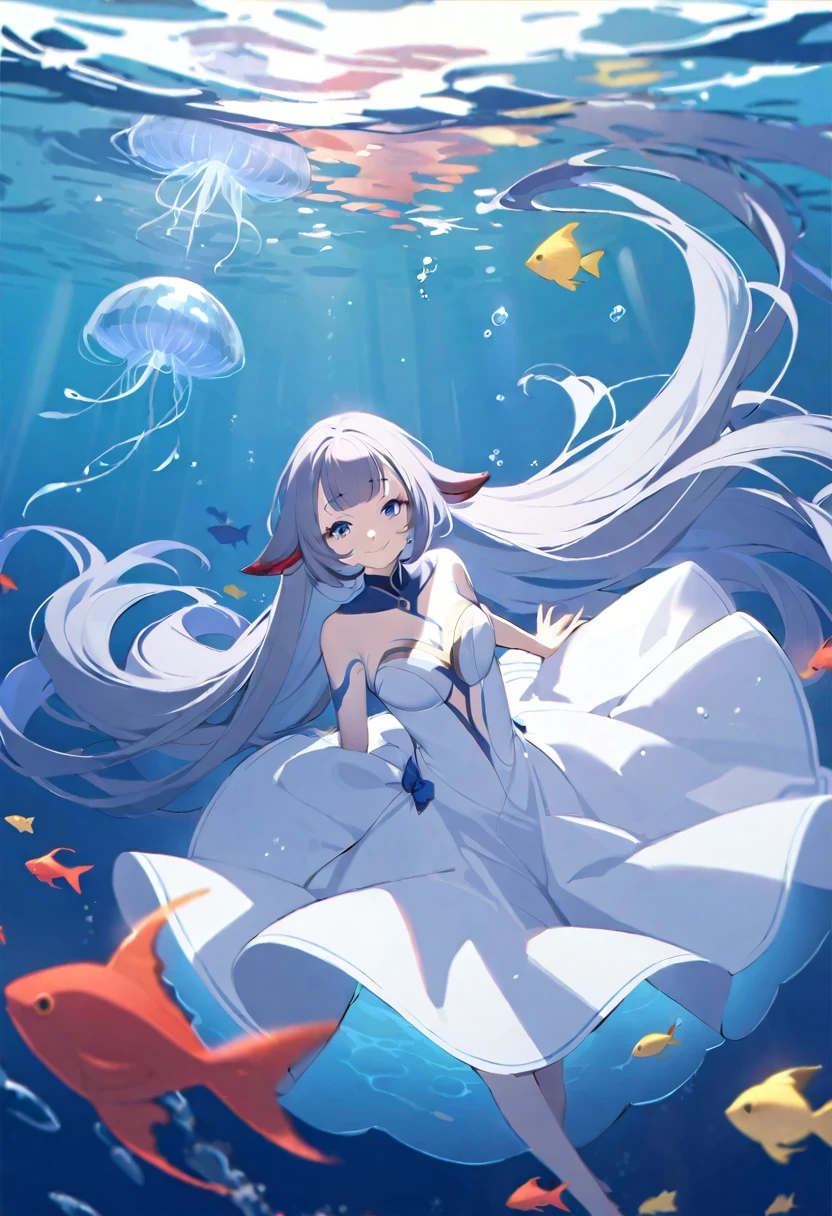 (((shylily))),(muste piece), (best quality), very detailed, 1 girl, perfect face, (solo full body shot:1.3), very detailed顔，(Gray-haired ultra-long hair:1.5)，(blue eyes:1.4)，(in water:1.4)，(white dress:1.5)，School of small fish，Light，bubble，jellyfish，seaweed，deep sea，fantasy，seabed，(Floating hair:1.4)，splash，(red small fish，yellow small fish:1.4)，(smile:1.3)