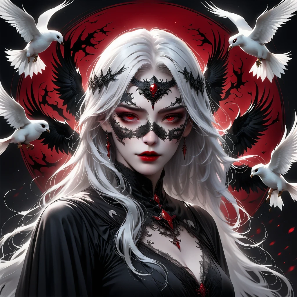(Mask in hand:1.5),(White-haired ghost,straight hair,Red eyes),(gothic art),(Fear:1.5),(correct human anatomy:1.37)