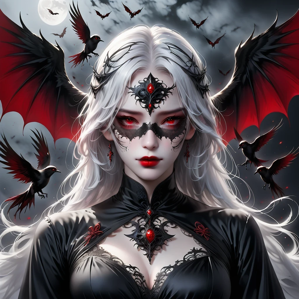 (Mask in hand:1.5),(White-haired ghost,straight hair,Red eyes),(gothic art),(Fear:1.5),(correct human anatomy:1.37)