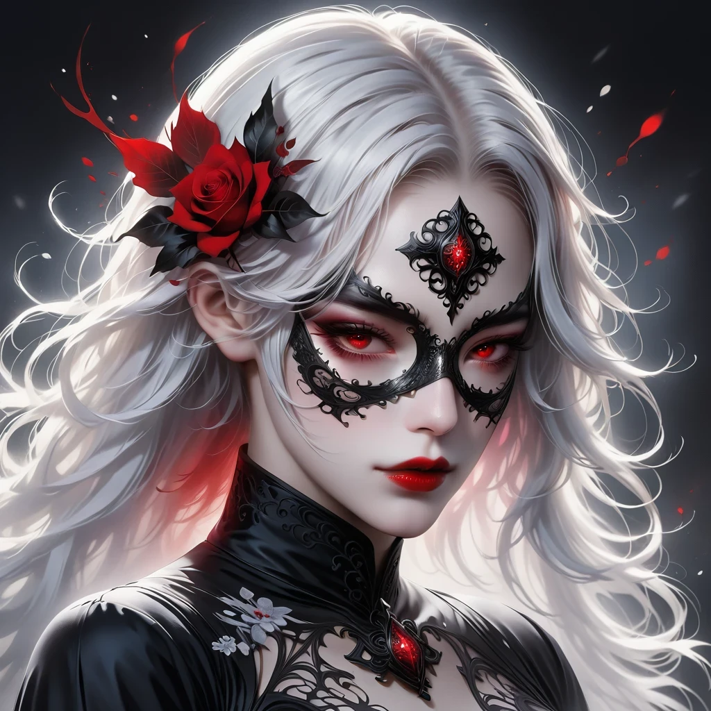 (Mask in hand:1.5),(White-haired ghost,straight hair,Red eyes),(gothic art),(Fear:1.5),(correct human anatomy:1.37)