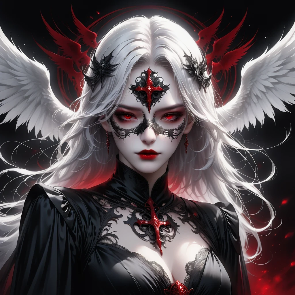(Mask in hand:1.5),(White-haired ghost,straight hair,Red eyes),(gothic art),(Fear:1.5),(correct human anatomy:1.37)