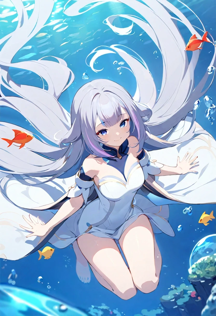 (((shylily))),(muste piece), (best quality), very detailed, 1 girl, perfect face, (solo full body shot:1.3), very detailed顔,(Gray-haired ultra-long hair:1.5),(blue eyes:1.4),(in water:1.4),(white dress:1.5),School of small fish,Light,bubble,jellyfish,seaweed,deep sea,fantasy,seabed,(Floating hair:1.4),splash,(red small fish,yellow small fish:1.4),(smile:1.3)