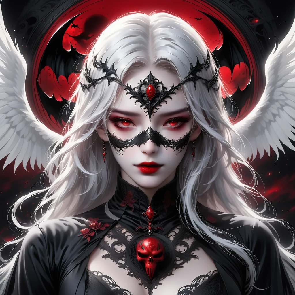 (Mask in hand:1.5),(White-haired ghost,straight hair,Red eyes),(gothic art),(Fear:1.5),(correct human anatomy:1.37)