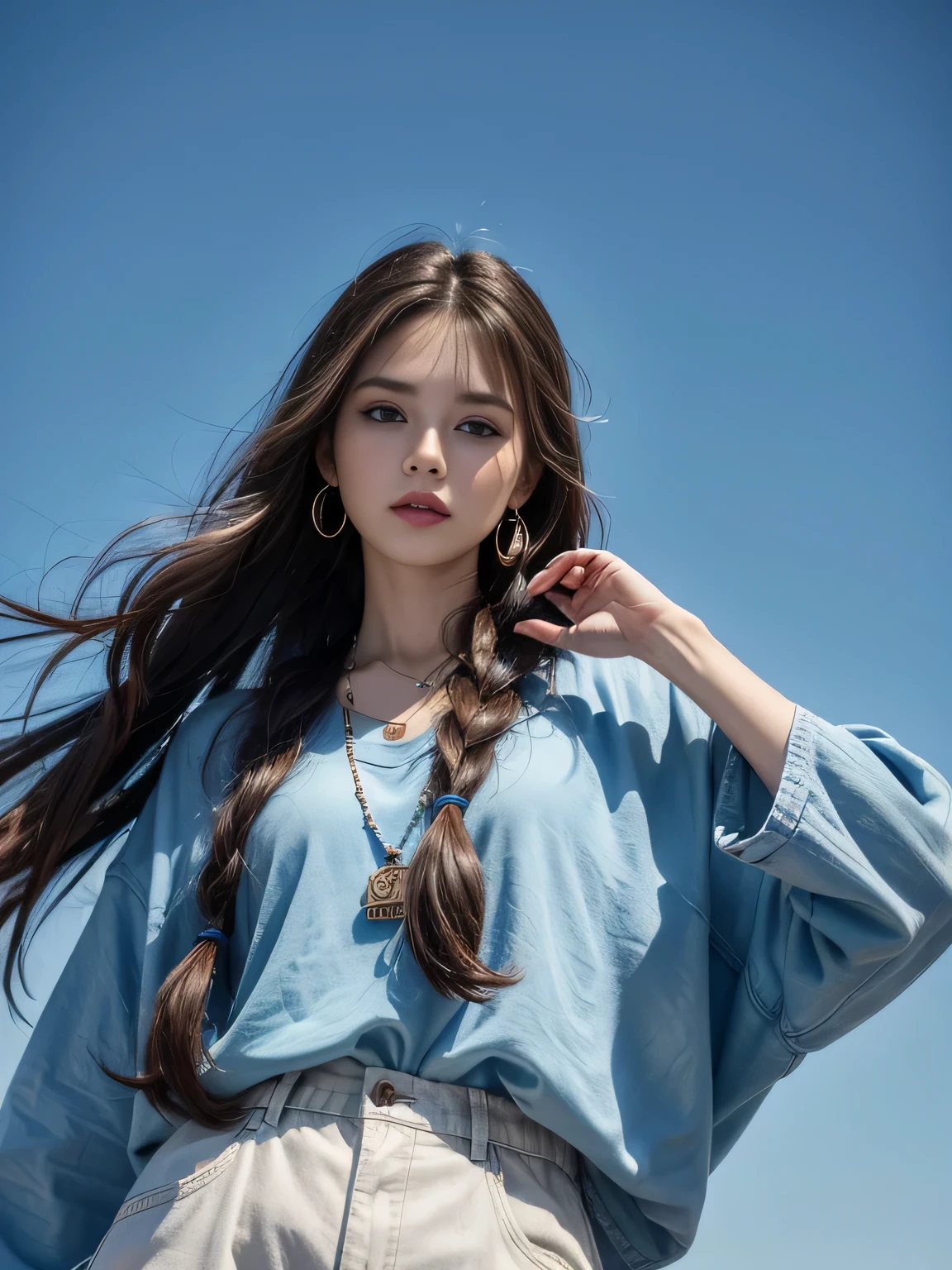 (8K, highest quality, High resolution, masterpiece :1.3), (blue background), stylish, hisense, fashion, The contour is the length of the surface, eyes are long, brown braid hair, hair band, oversized clothes, baggy clothes, Upper body, necklace, earrings, graphic design, take a pose, 