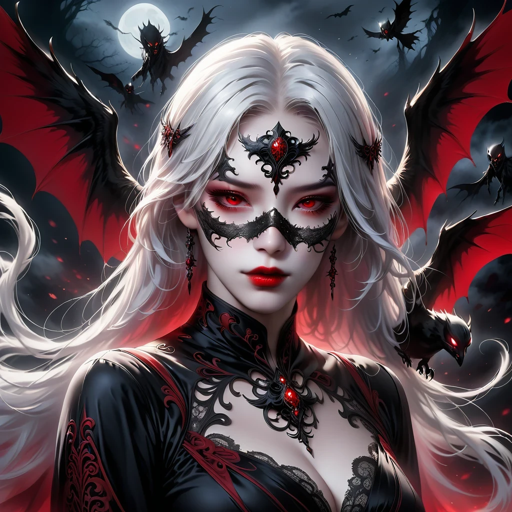(Mask in hand:1.5),(White-haired ghost,straight hair,Red eyes),(gothic art),(Fear:1.5),(correct human anatomy:1.37)