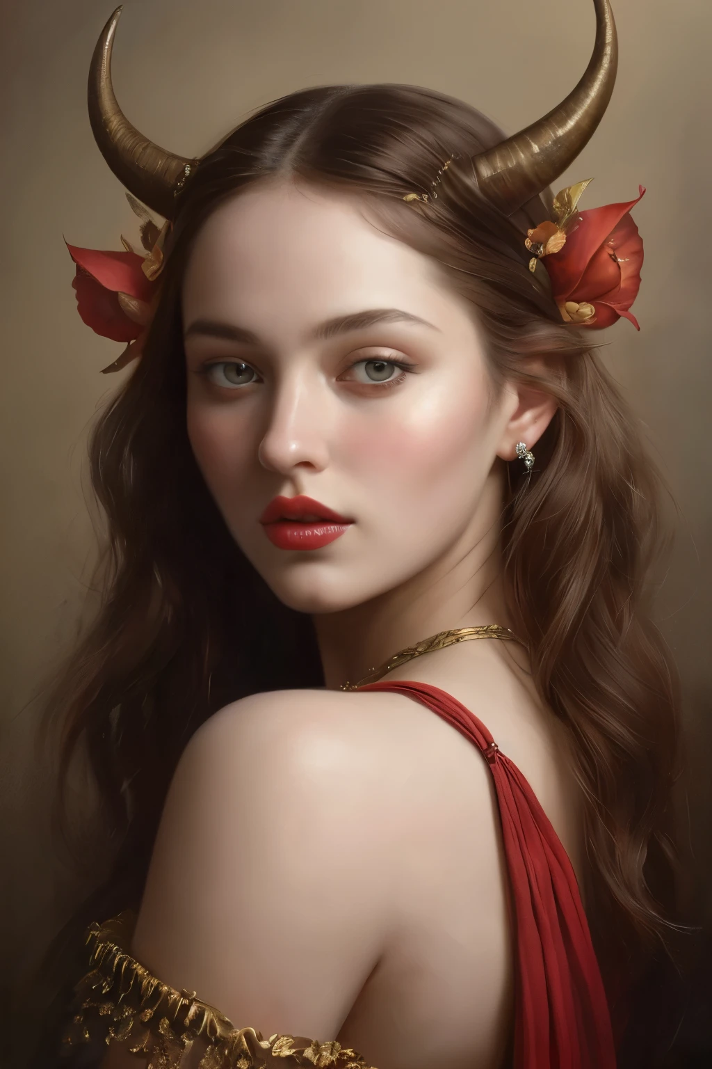 A stunning painting of a mesmerizing woman adorned with elegant horns on her head, the hyperrealistic masterpiece has been making waves in the art community. Trending on CG Society, this hyperrealism artwork, created by the talented artist James Jean, captivates viewers with its soft light and intricate details. The close-up portrait showcases a face with perfectly detailed features, including luscious red lips, expertly captured with oil on canvas in breathtaking 8k resolution. With a wide long shot visual that is both high detailed and flawless, this painting by @challenge2pt is truly a masterpiece in its own right, reminiscent of the renowned artist Tom Bagshaw.