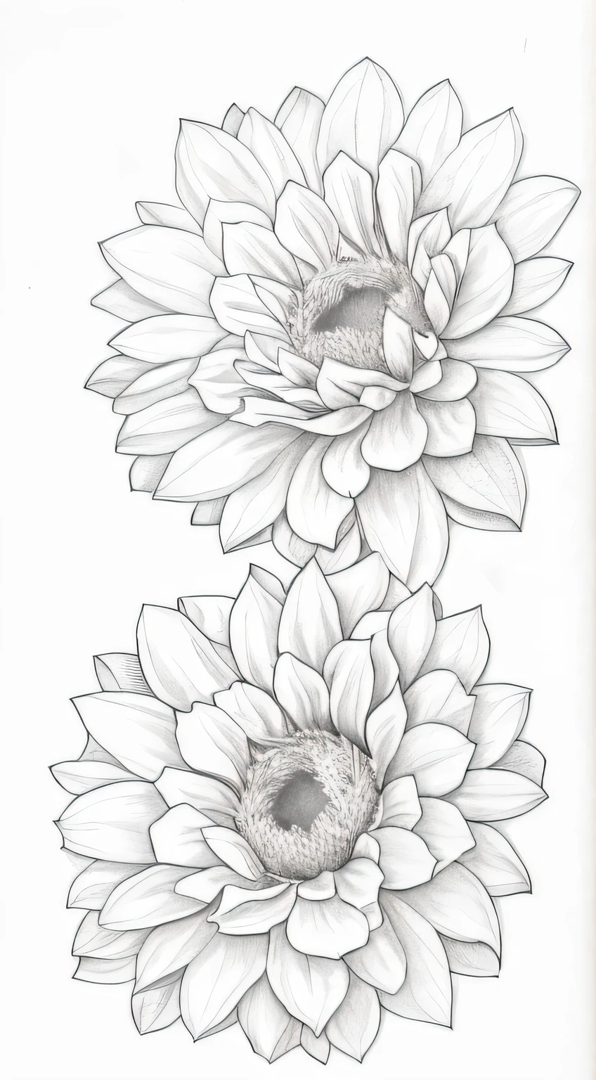 a drawing of two sunflowers with leaves on a white background, line drawing tattoos, line work, perfect pen and ink line art, higly detailed black ink outline, detailed flowers, highly detailed linework, perfectly detailed linework, black ink line art, extremely detailed linework, detailed linework, detailed line work, extremely fine ink lineart, outline sketch