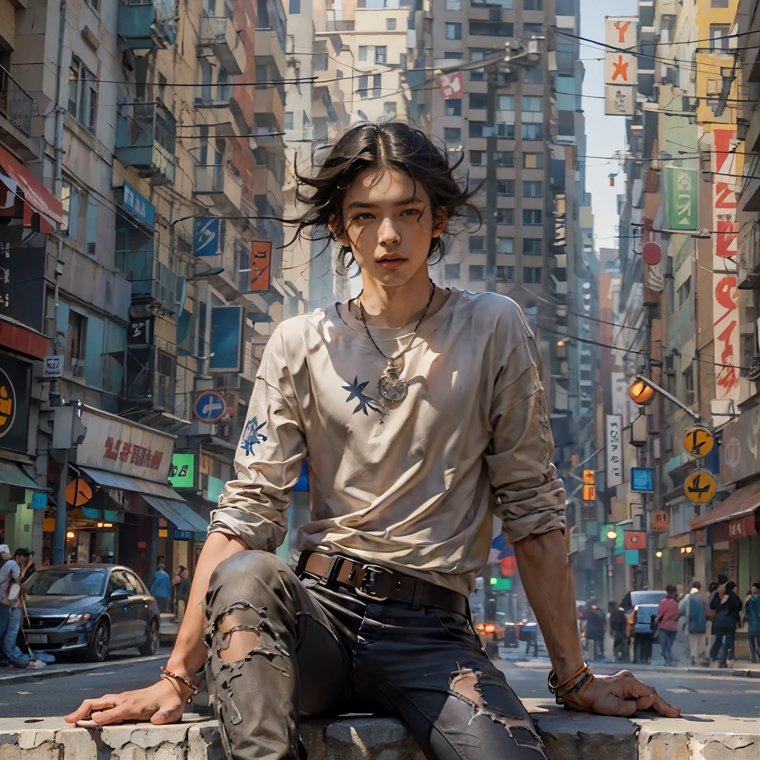 City street-metropolis. ung man crouched, modern, . masterpiece, Best quality (surrealism: 1.3), Big, quality, (masterpiece: 1.2), (realism: 1.2), (Best quality), (leather detail: 1.3), sunny day, 1 yoman. Long black hair, young, modern clothes, sat down next to him. (Plain T-shirt, slim, strong body, sinewy hands, broad shoulders, tight pants, hands are decorated with belts, bracelets). ((expressive eyes)), Brown eyes, black hair. modern clothes (surrealism: 1.3), Big, high-quality, modern clothes. Hand-drawn realism.