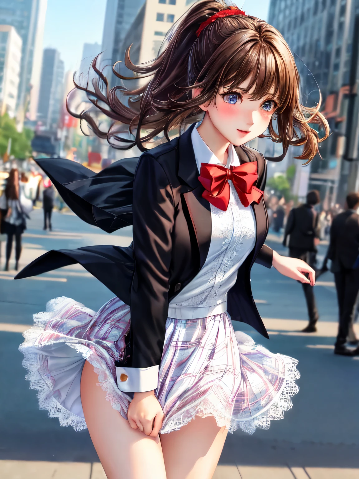 ((highest quality, High resolution, perfect pixel, 4k))), 1 woman, beautiful woman、I could see the whole body、walking down the subway stairs、lots of commuters、 ((ponytail, bangs, brown hair)), ((brown eyes, beautiful eyelashes, realistic eyes)), ((detailed face, blush:1.2))、((smooth texture:0.75, realistic texture:0.65, realistic:1.1, Anime CG style)), perfect body, ((red bow tie, Black open jacket, white shirt, plaid mini skirt)), embarrassing smile、 (The wind is blowing up my skirt:1.3)、(Panties with highly detailed and luxurious decorative lace、white lace satin panties:1.3), Diagonal side angle, dynamic angle