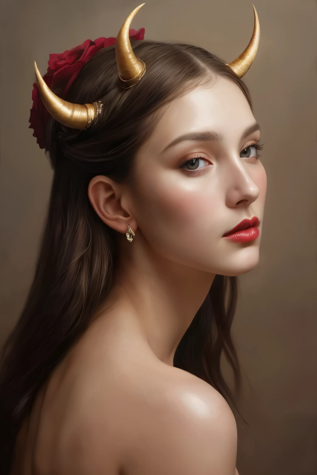 A stunning painting of a mesmerizing woman adorned with elegant horns on her head, the hyperrealistic masterpiece has been making waves in the art community. Trending on CG Society, this hyperrealism artwork, created by the talented artist James Jean, captivates viewers with its soft light and intricate details. The close-up portrait showcases a face with perfectly detailed features, including luscious red lips, expertly captured with oil on canvas in breathtaking 8k resolution. With a wide long shot visual that is both high detailed and flawless, this painting by @challenge2pt is truly a masterpiece in its own right, reminiscent of the renowned artist Tom Bagshaw.