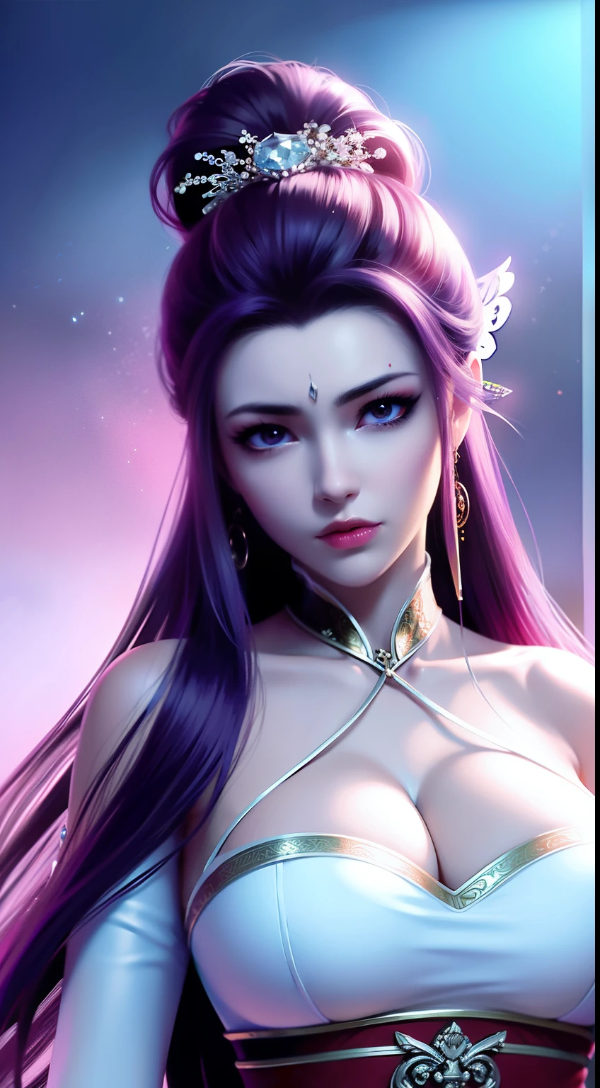 (best quality,Masterpiece:1.2),Ultra high resolution,realistically,Headlight,complicated details,Beautiful details and textures,1 girl,single,(young),Highlight the face,upper body,Details of making,Mole tears,white skin,brown hair,high ponytail,looking at the audience,Big eyes,Silk Hanfu,(openwork pattern,white,silk dress),ear nipple ring,big breasts,Slim shape,Chang'an Road,professional lighting,Photon mapping,radio city,Physical rendering,The female El has long, round, dark purple hair. And he has black horns with blue tips and red eyes. He has a large chest and a slender figure. Wear tight ta clothing. There is red and blue magic.