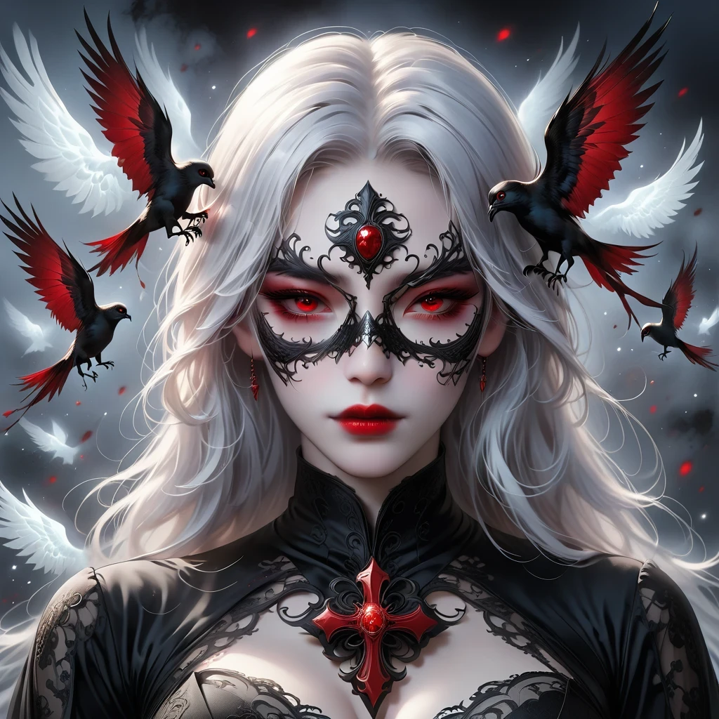 （Mask in hand：1.5），（White-haired ghost，straight hair，Red eyes），（gothic art），（Fear：1.5），（correct human anatomy：1.37）