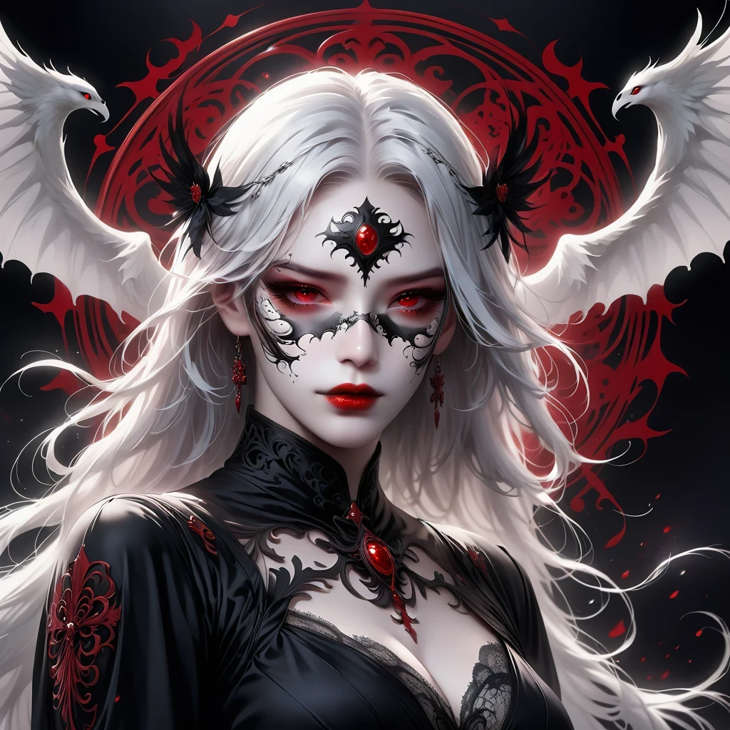 (Mask in hand:1.5),(White-haired ghost,straight hair,Red eyes),(gothic art),(Fear:1.5),(correct human anatomy:1.37)