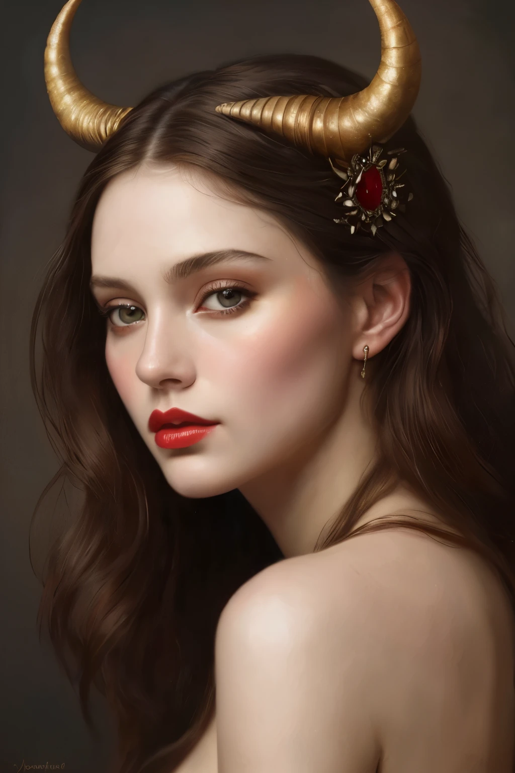 A stunning painting of a mesmerizing woman adorned with elegant horns on her head, the hyperrealistic masterpiece has been making waves in the art community. Trending on CG Society, this hyperrealism artwork, created by the talented artist James Jean, captivates viewers with its soft light and intricate details. The close-up portrait showcases a face with perfectly detailed features, including luscious red lips, expertly captured with oil on canvas in breathtaking 8k resolution. With a wide long shot visual that is both high detailed and flawless, this painting by @challenge2pt is truly a masterpiece in its own right, reminiscent of the renowned artist Tom Bagshaw.