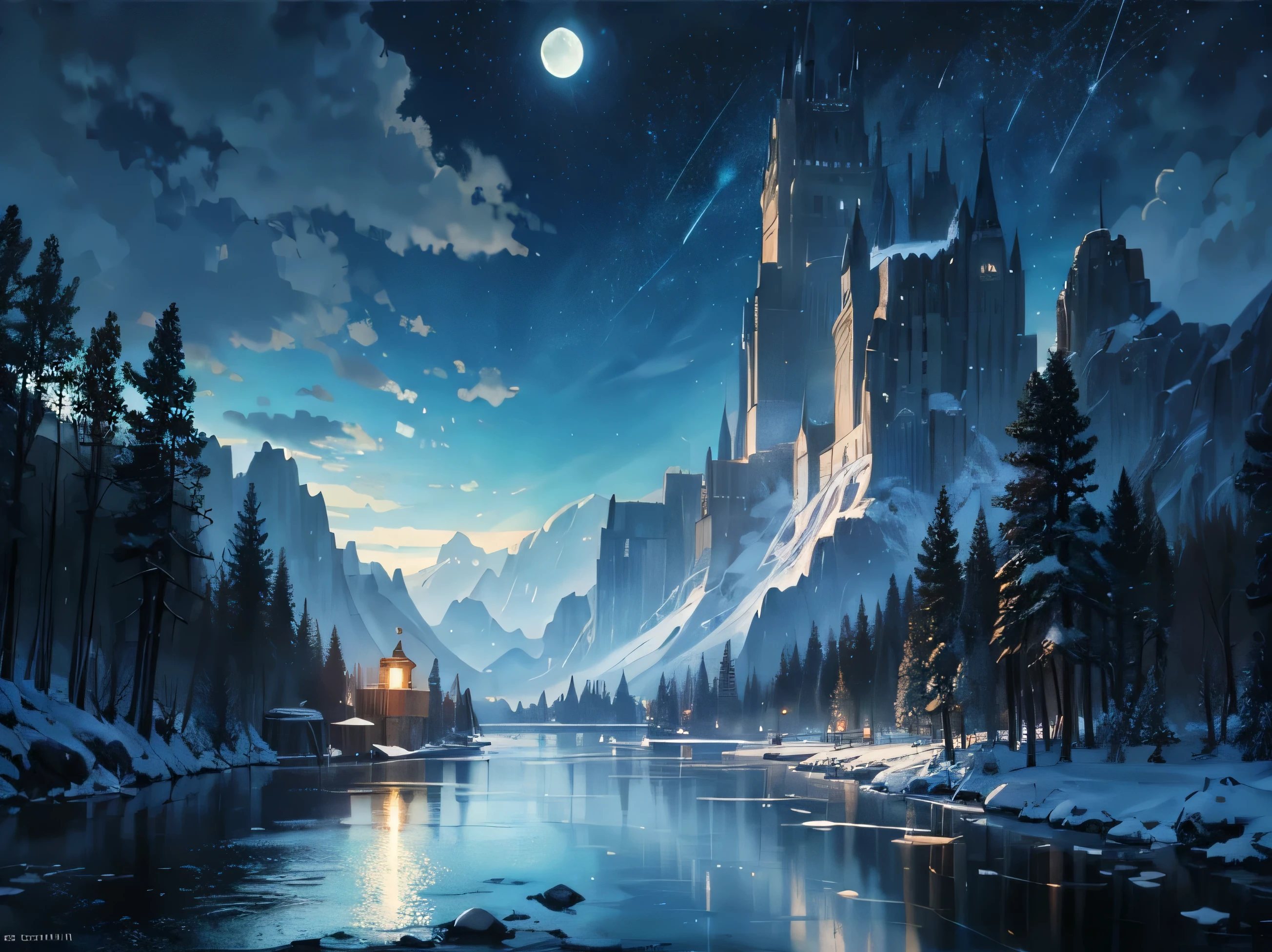 River painting of stars and moon in the sky, Concept art inspired by Mitsuhiro Tosa, Pixiv Contest Winners, best quality, fantasy art, beautiful anime scene, a bright moon, starry sky environment under moonlight, dream painting, anime background Art, fantasy landscape art, fantasy night, anime background, background artwork, wonderful art, Atmospheric animation, starry sky, Detail enhancement.